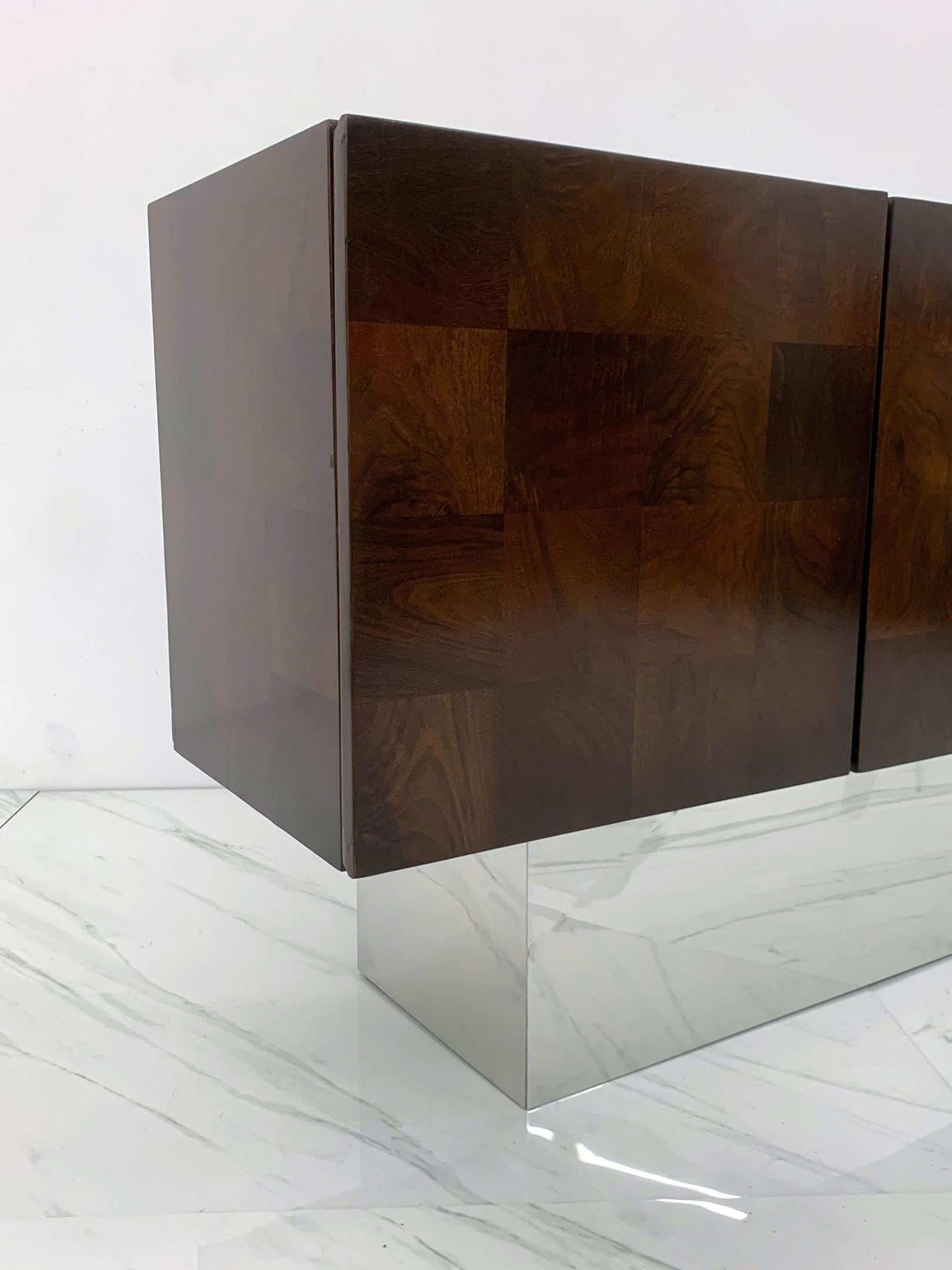 Milo Baughman Patchwork Burl and Chrome Credenza, Thayer Coggin, 1970's 1