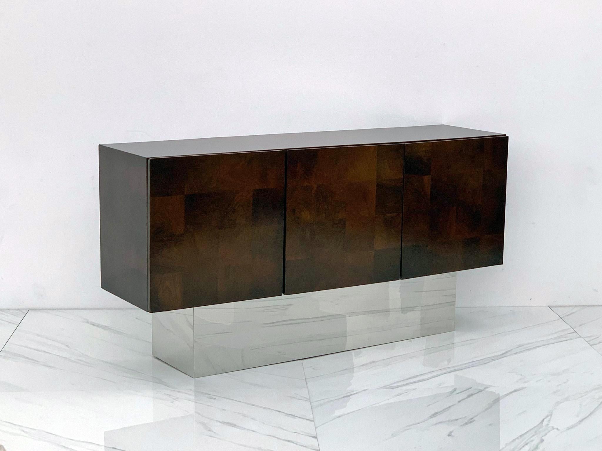 Milo Baughman Patchwork Burl and Chrome Credenza, Thayer Coggin, 1970's 2