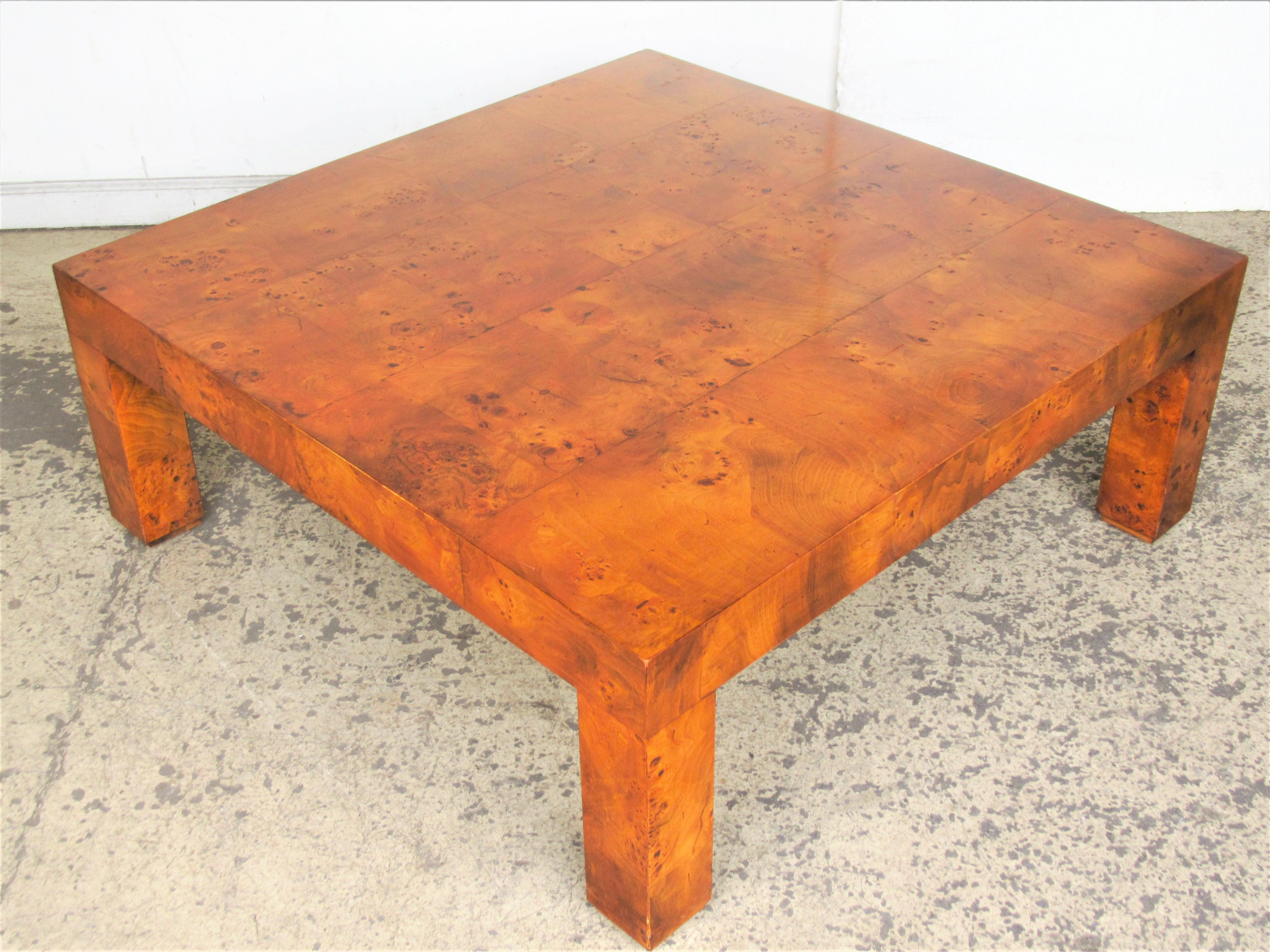 Patchwork burl veneer Parsons style coffee table by Milo Baughman in beautifully aged original glowing surface color, circa 1970. Measures: 39 inches square by 15 inches high. Look at all pictures and read condition report in comment section.
