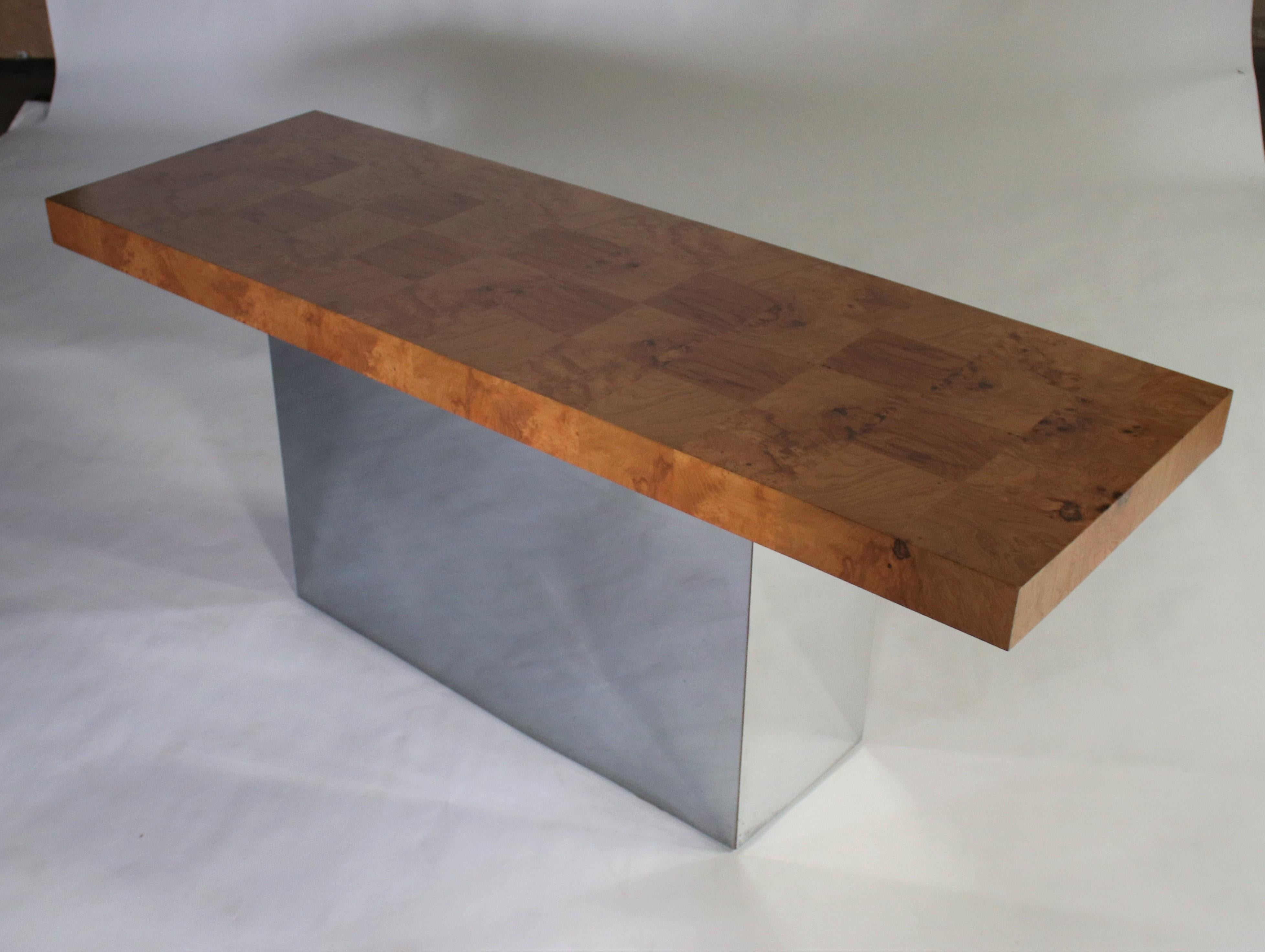 Milo Baughman Patchwork Burl Wood and Chrome Console Table 1
