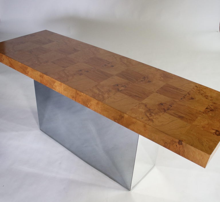 Mid-Century Milo Baughman for Thayer Coggin console table in patchwork burl wood top and steel covered wood base.