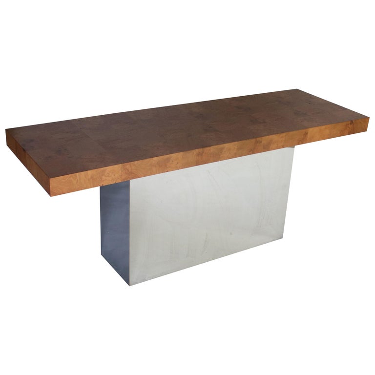 Milo Baughman Patchwork Burl Wood and Chrome Console Table For Sale