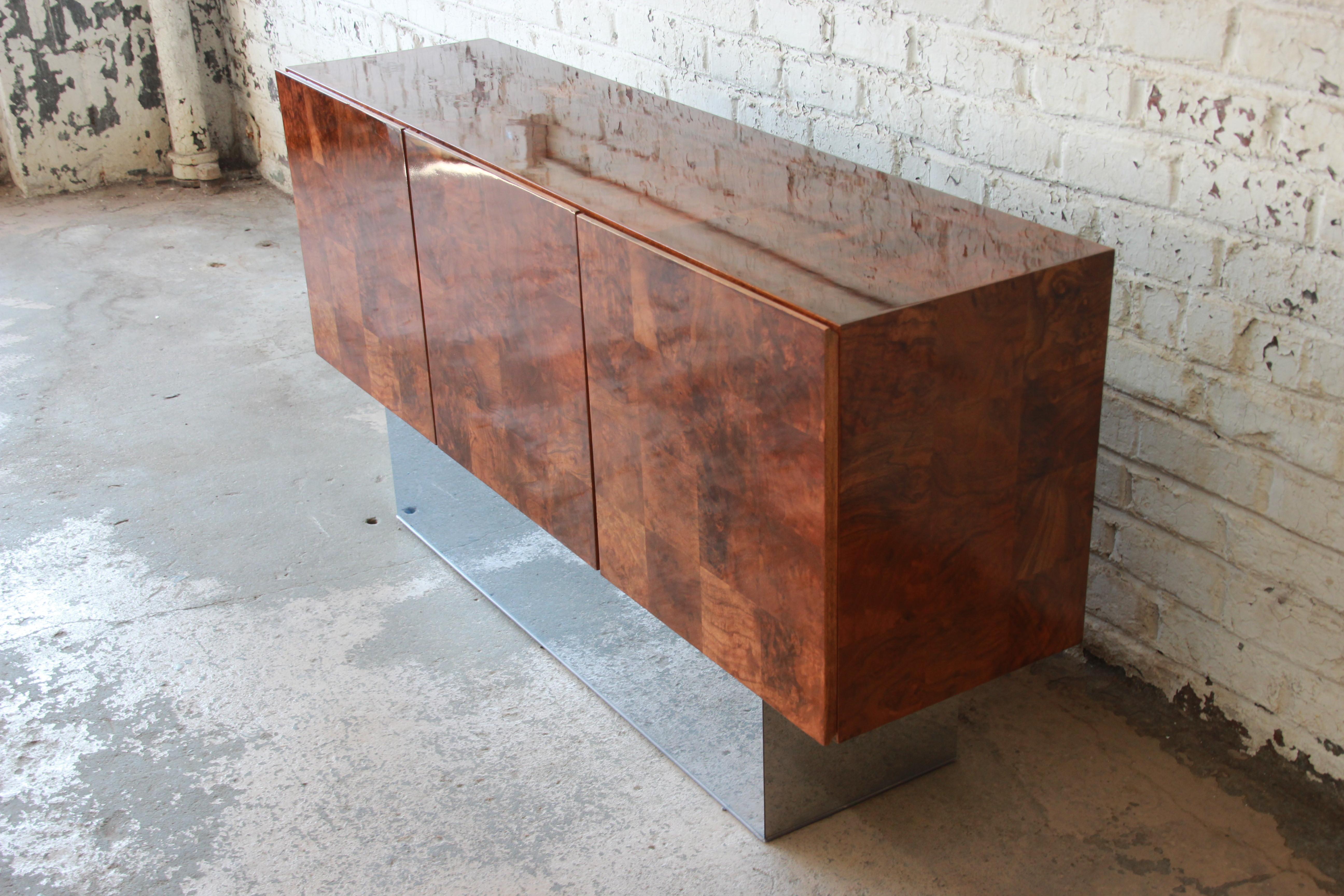 Late 20th Century Milo Baughman Patchwork Burl Wood and Chrome Sideboard Credenza