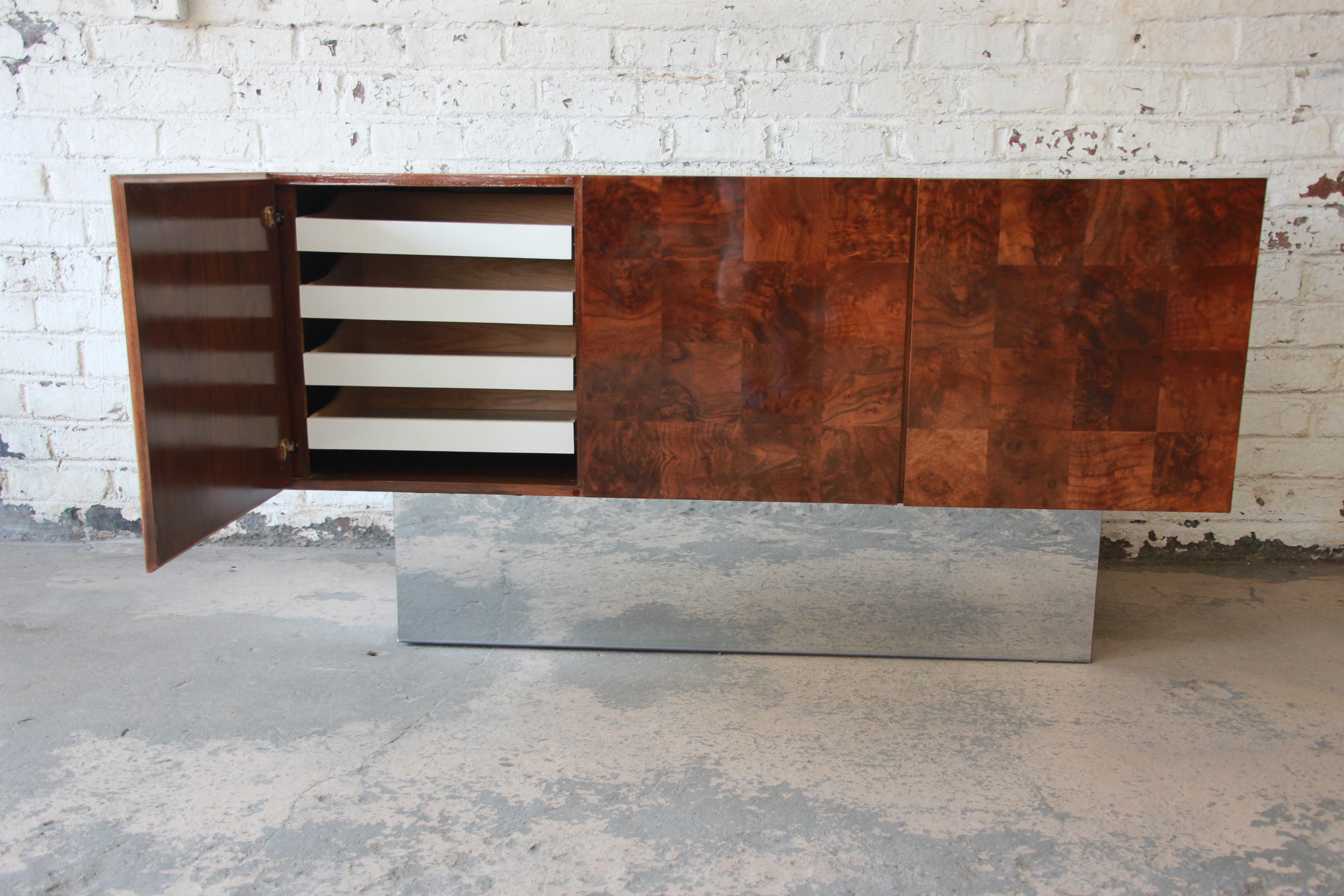 Milo Baughman Patchwork Burl Wood and Chrome Sideboard Credenza 1
