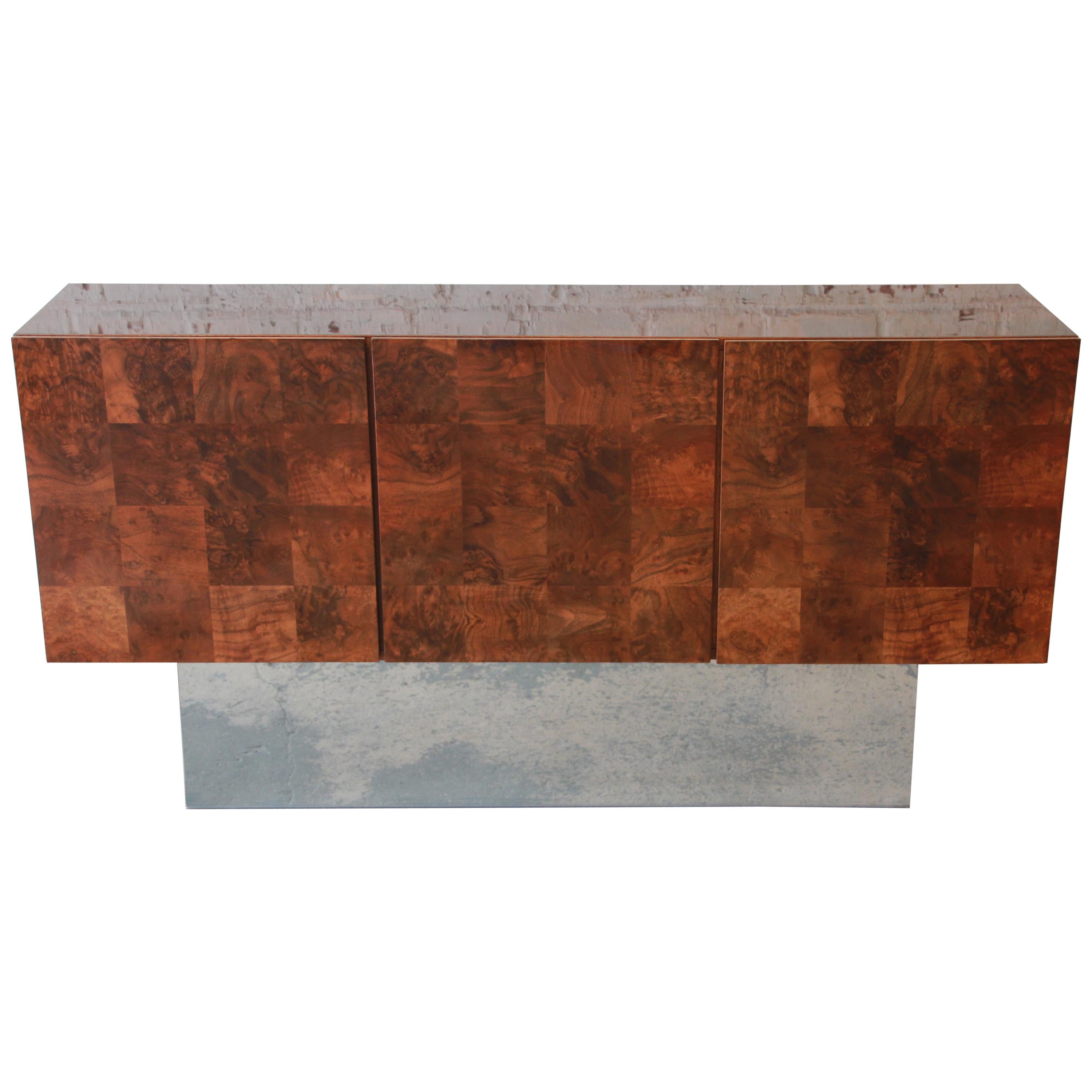 Milo Baughman Patchwork Burl Wood and Chrome Sideboard Credenza