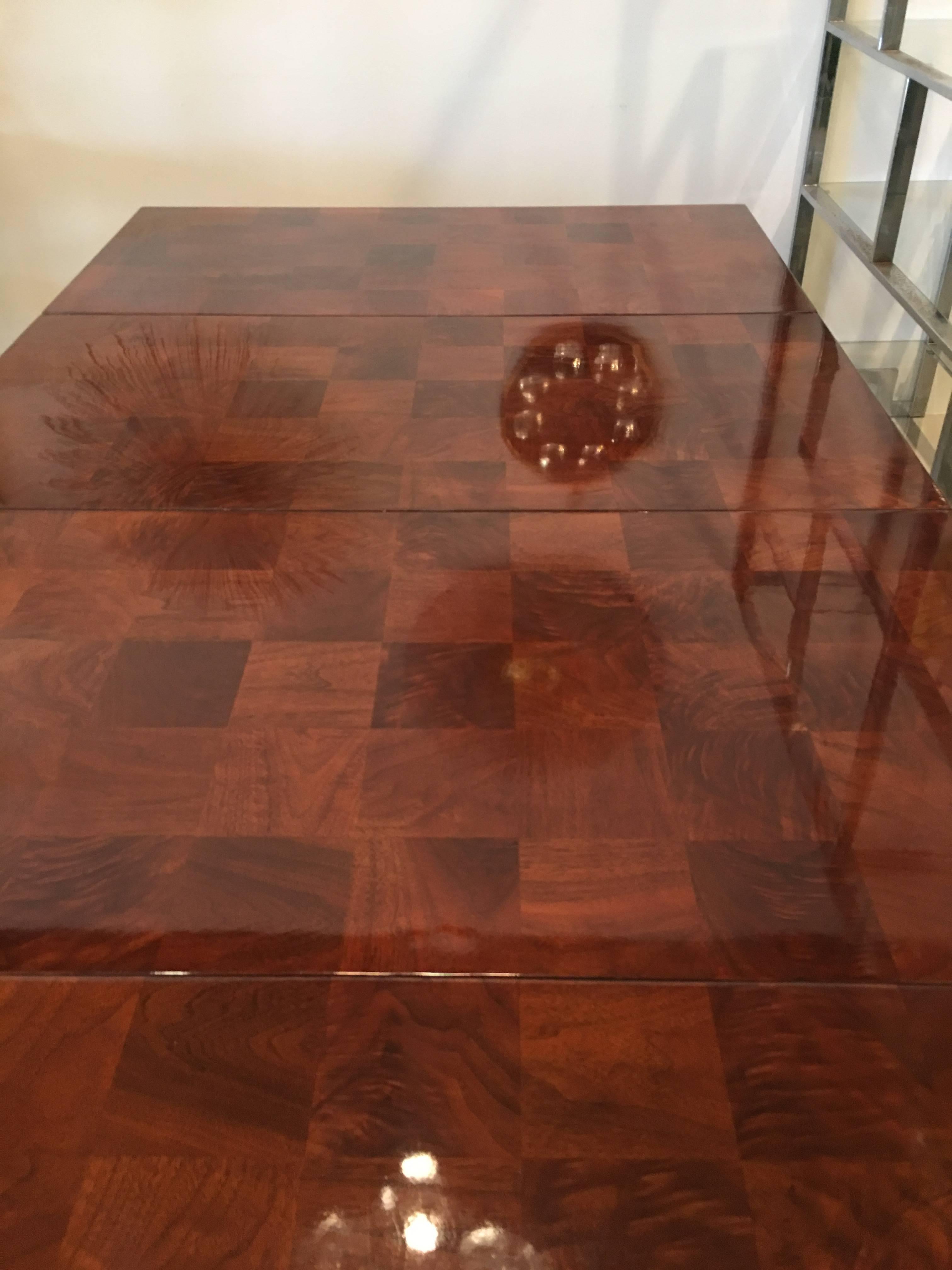 American Milo Baughman Patchwork Dining Table Newly Restored Burl Wood Parsons Two Leaves