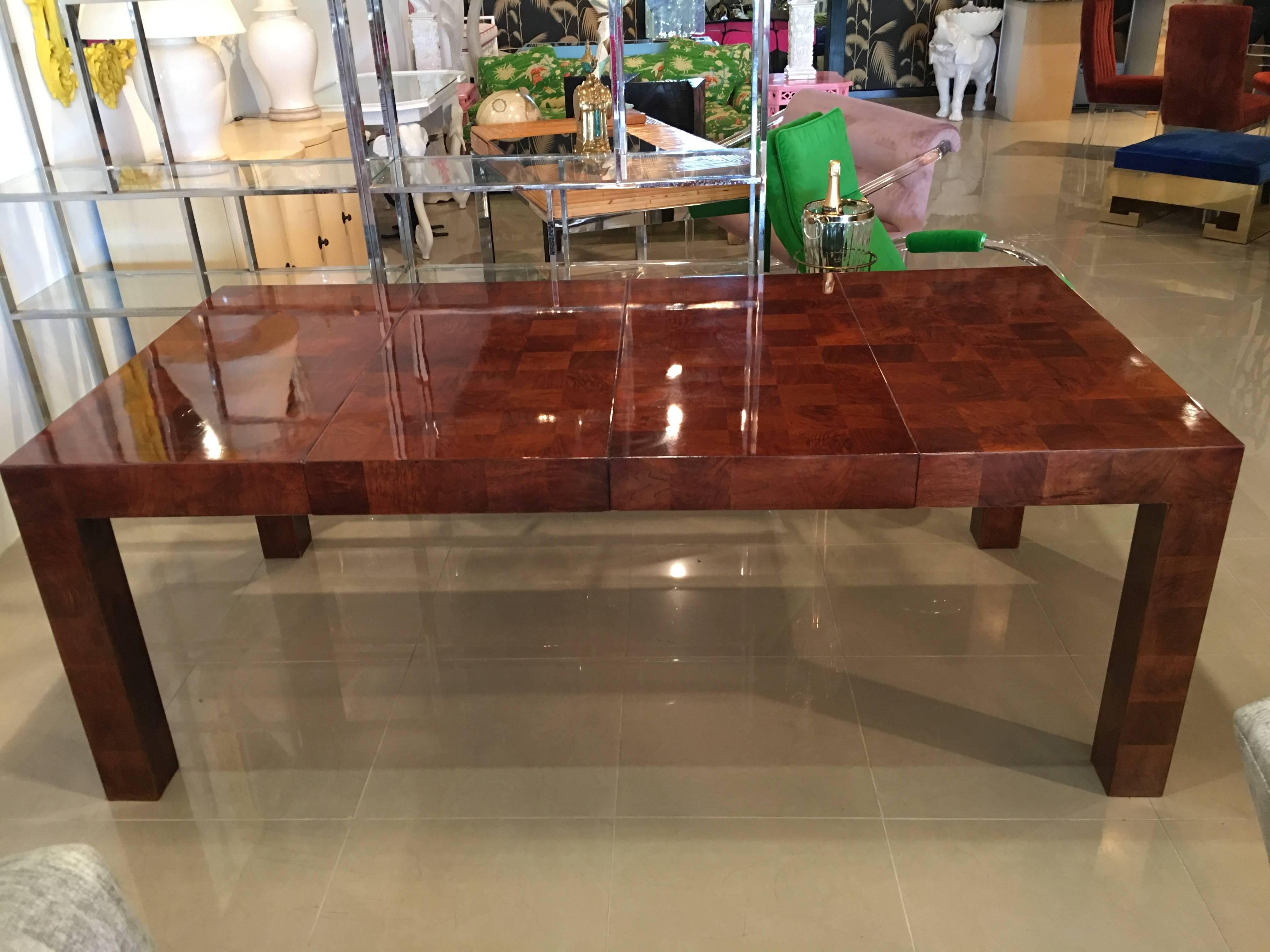 Milo Baughman Patchwork Dining Table Newly Restored Burl Wood Parsons Two Leaves In Good Condition In West Palm Beach, FL