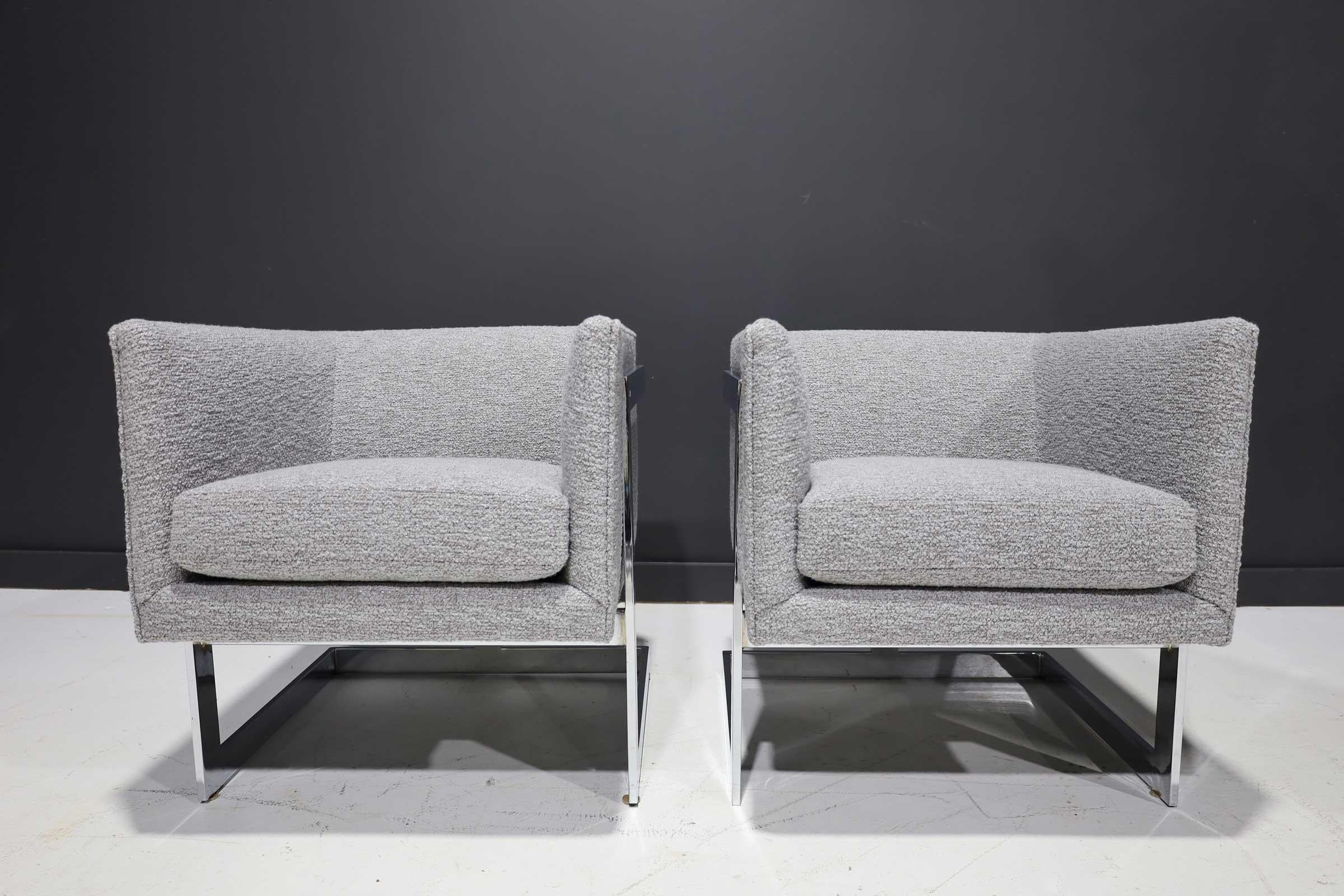 Newly reupholstered, these petite T-back lounge chairs by Milo Baughman are upholstered in a Holly Hunt outdoor boucle.