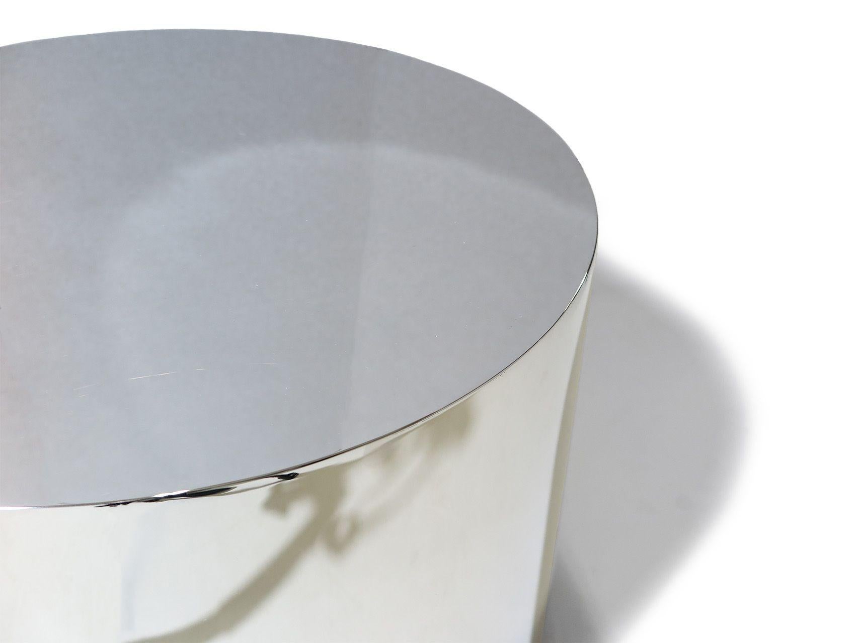 Danois Milo Baughman Polished Stainless Steel Chrome Drum Side Table, 17 