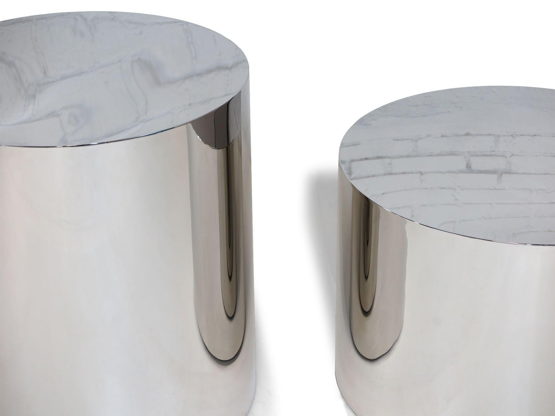 Polished Stainless Steel Drum Tables designed by Milo Baughman for Thayer Coggin. 
#1 Diameter 22  H 24 inches
#2 Diameter 24  H 17 inches
 