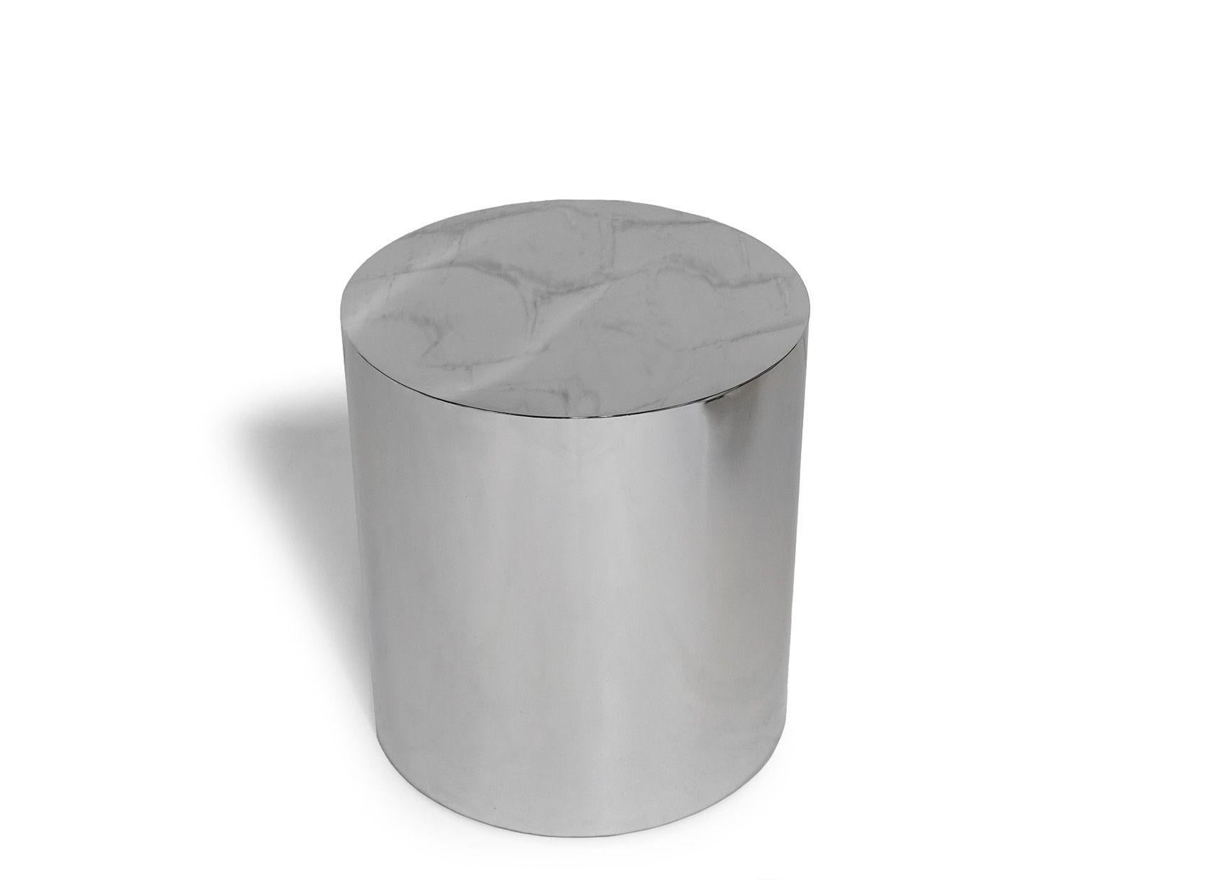 Mid-Century Modern Milo Baughman Polished Stainless Steel Chrome Drum Side Tables For Sale