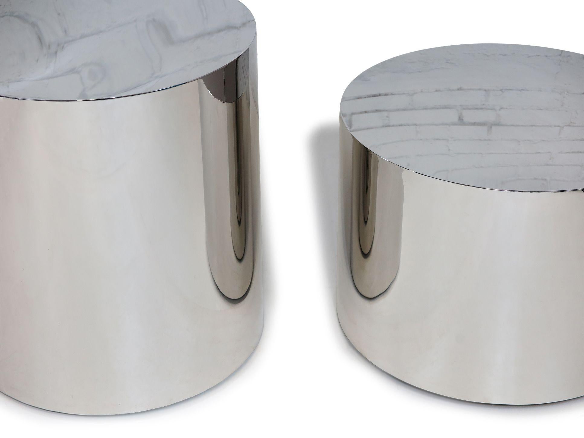 Contemporary Milo Baughman Polished Stainless Steel Chrome Drum Side Tables For Sale