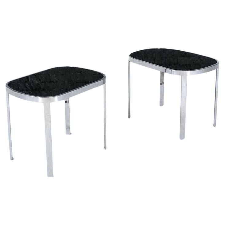 Milo Baughman Post Modern Chrome 
Smoke Glass Side Tables For Sale