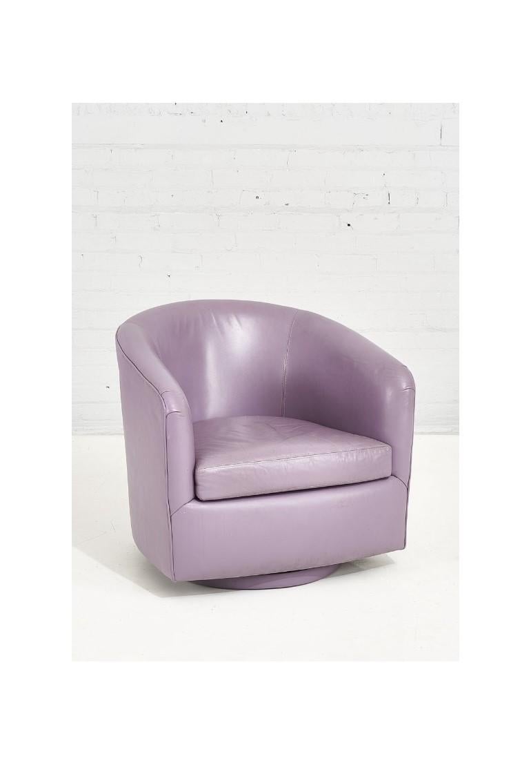 Milo Baughman purple leather lounge swivel chair, 1970. Original.