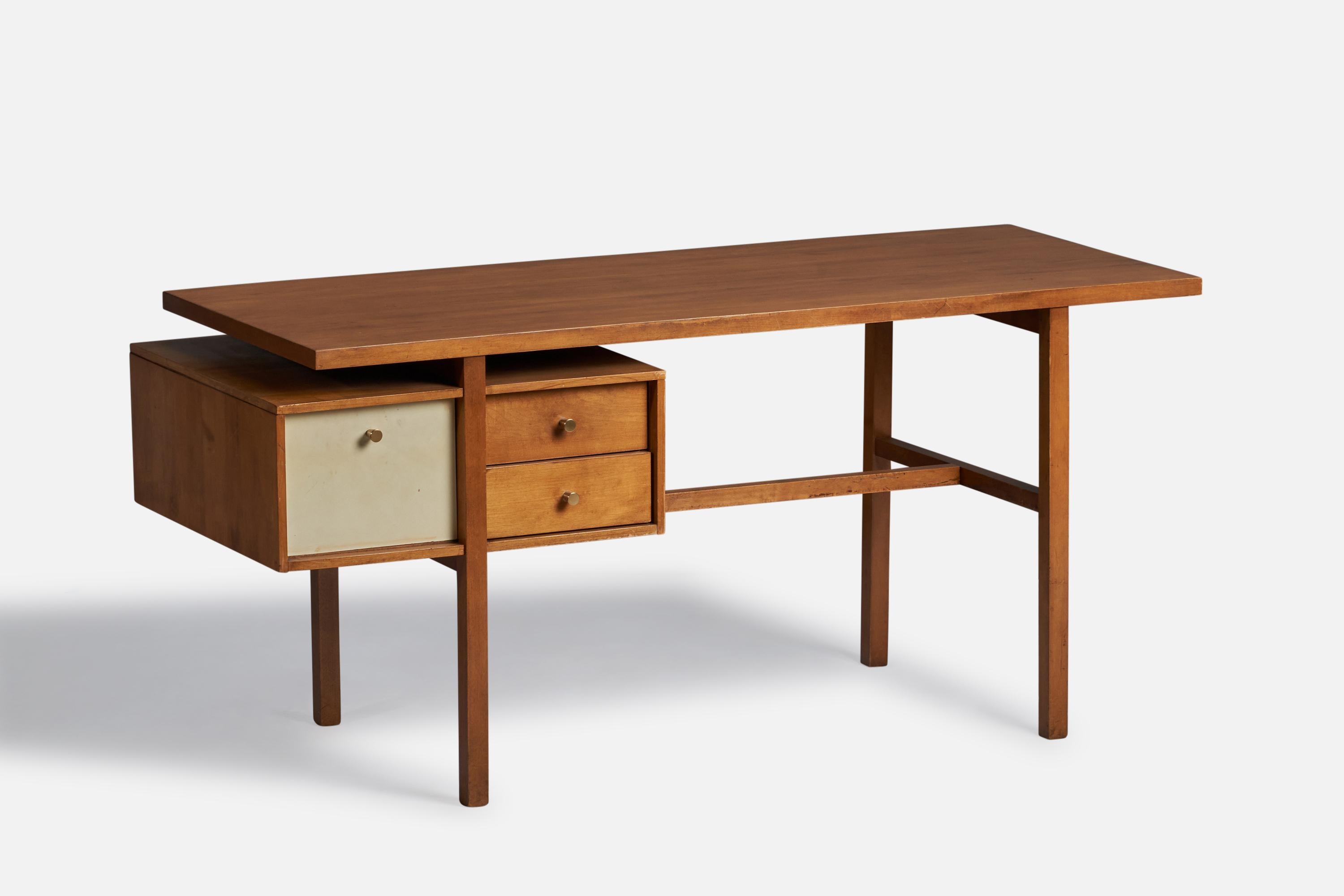 A rare walnut and brass desk designed by Milo Baughman and produced by Glenn of California, USA, 1950s.