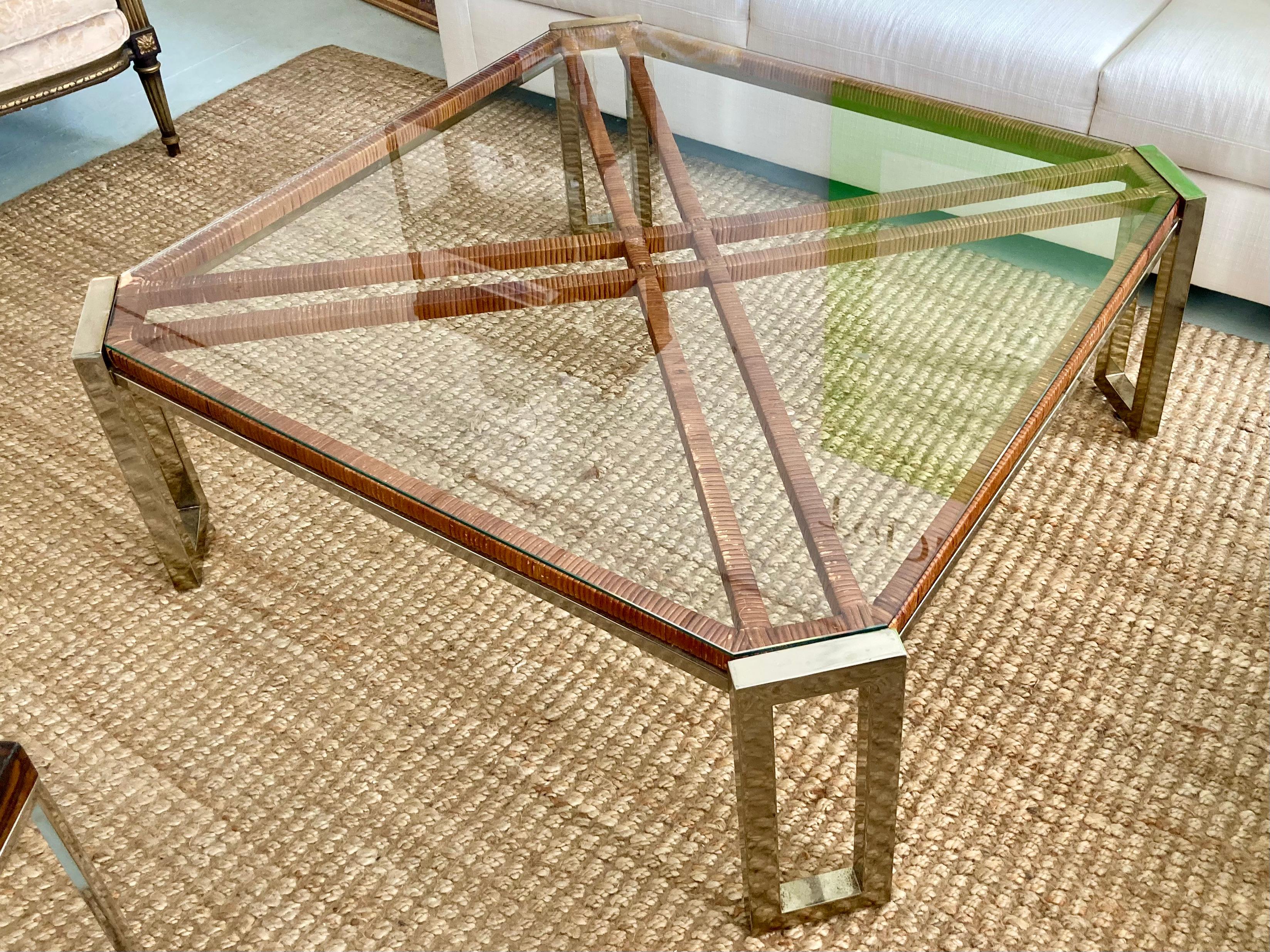 Modern Milo Baughman Rattan and Warm Chrome Coffee Table For Sale