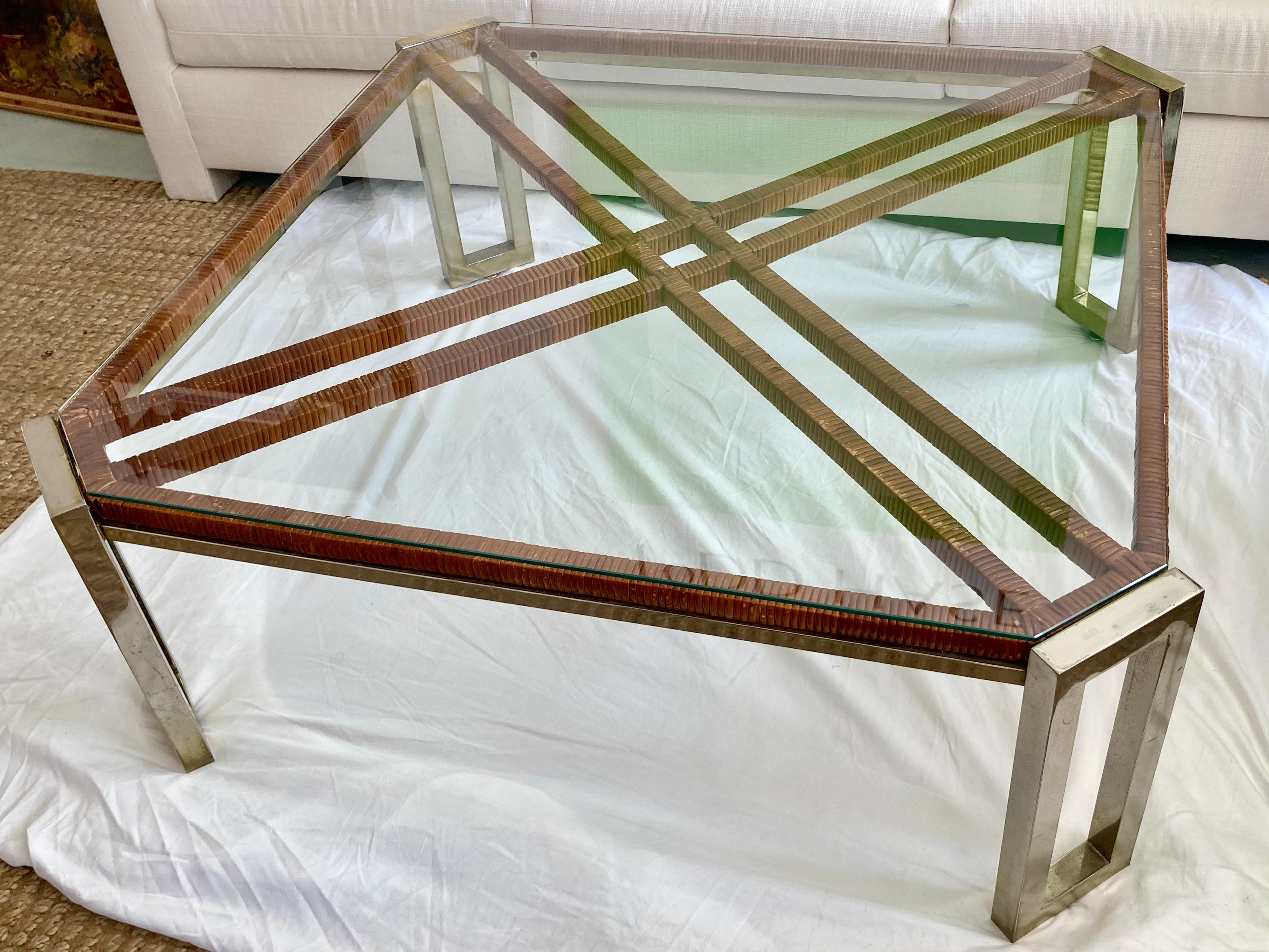 American Milo Baughman Rattan and Warm Chrome Coffee Table For Sale