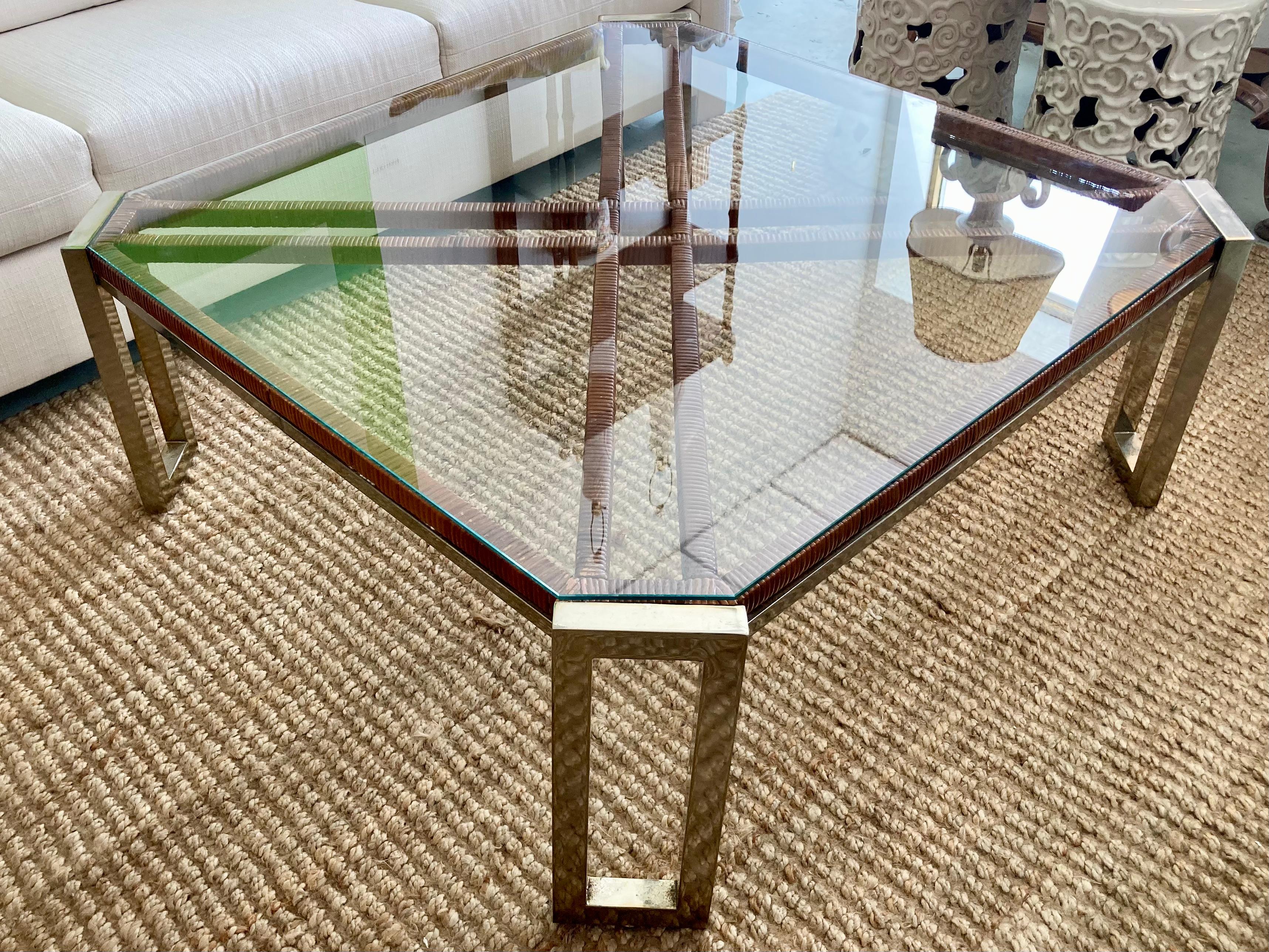 Milo Baughman Rattan and Warm Chrome Coffee Table In Good Condition For Sale In Los Angeles, CA
