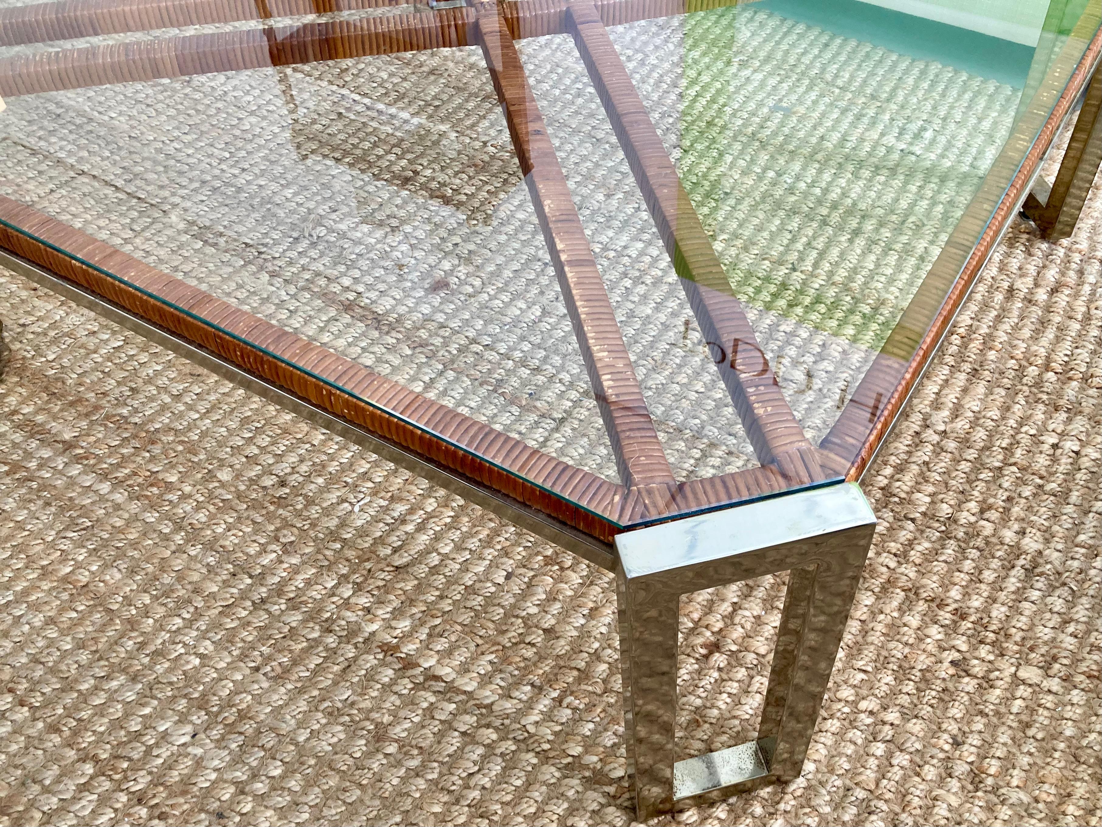 Milo Baughman Rattan and Warm Chrome Coffee Table For Sale 1