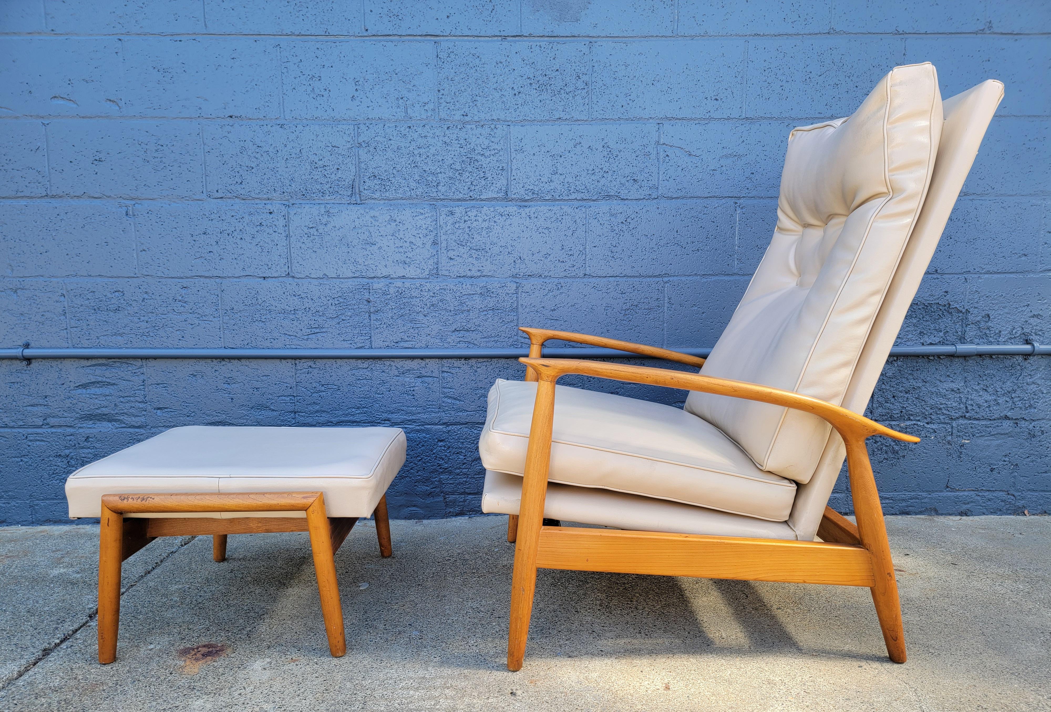Milo Baughman for James Inc. adjustable and rocking lounge chair with accompanying ottoman. Chair can lock into multiple reclined positions or rock. Footstool has one adjustment allowing upward tilt. Amazingly comfortable. Very good original vintage