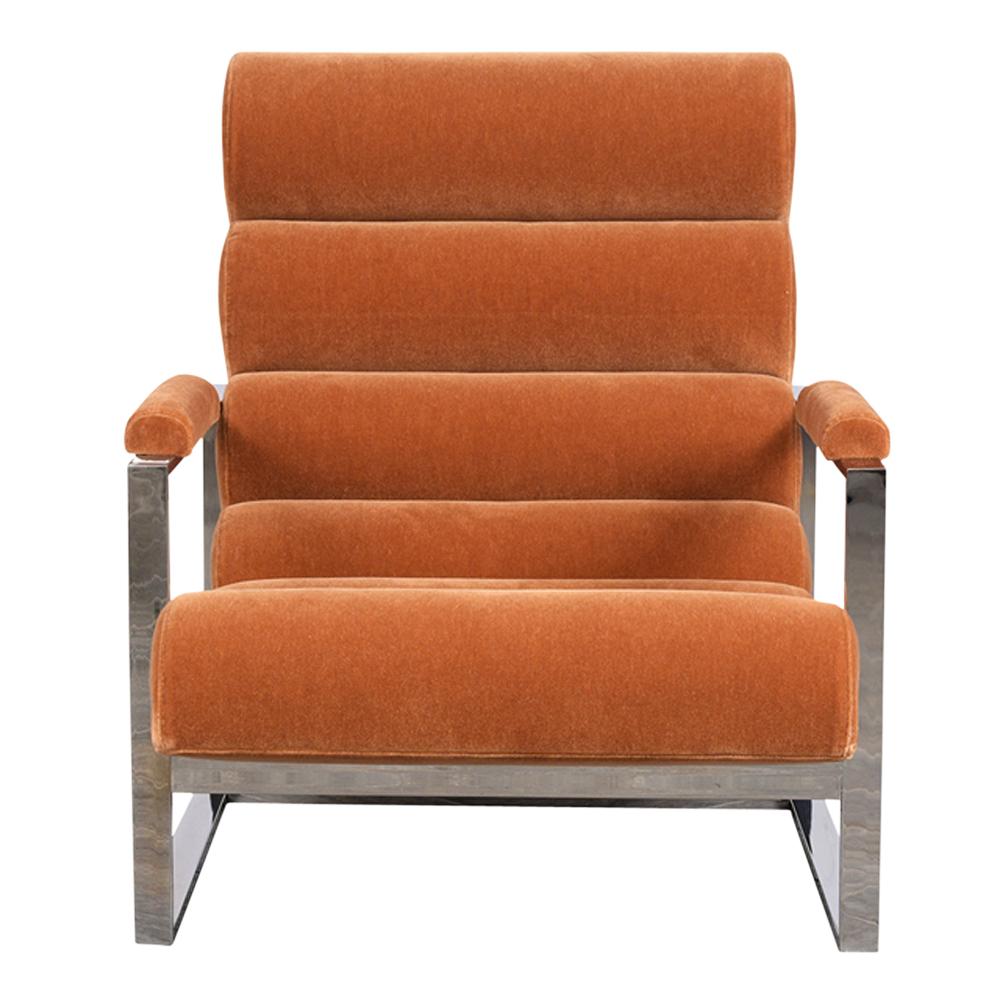 A modern Milo Baughman Recliner chair that has been newly upholstered in a new orange mohair fabric with a tufted channel design, topstitch detail, and new foam inserts. The chair is shaped in a way that it contoured to the body making the chair