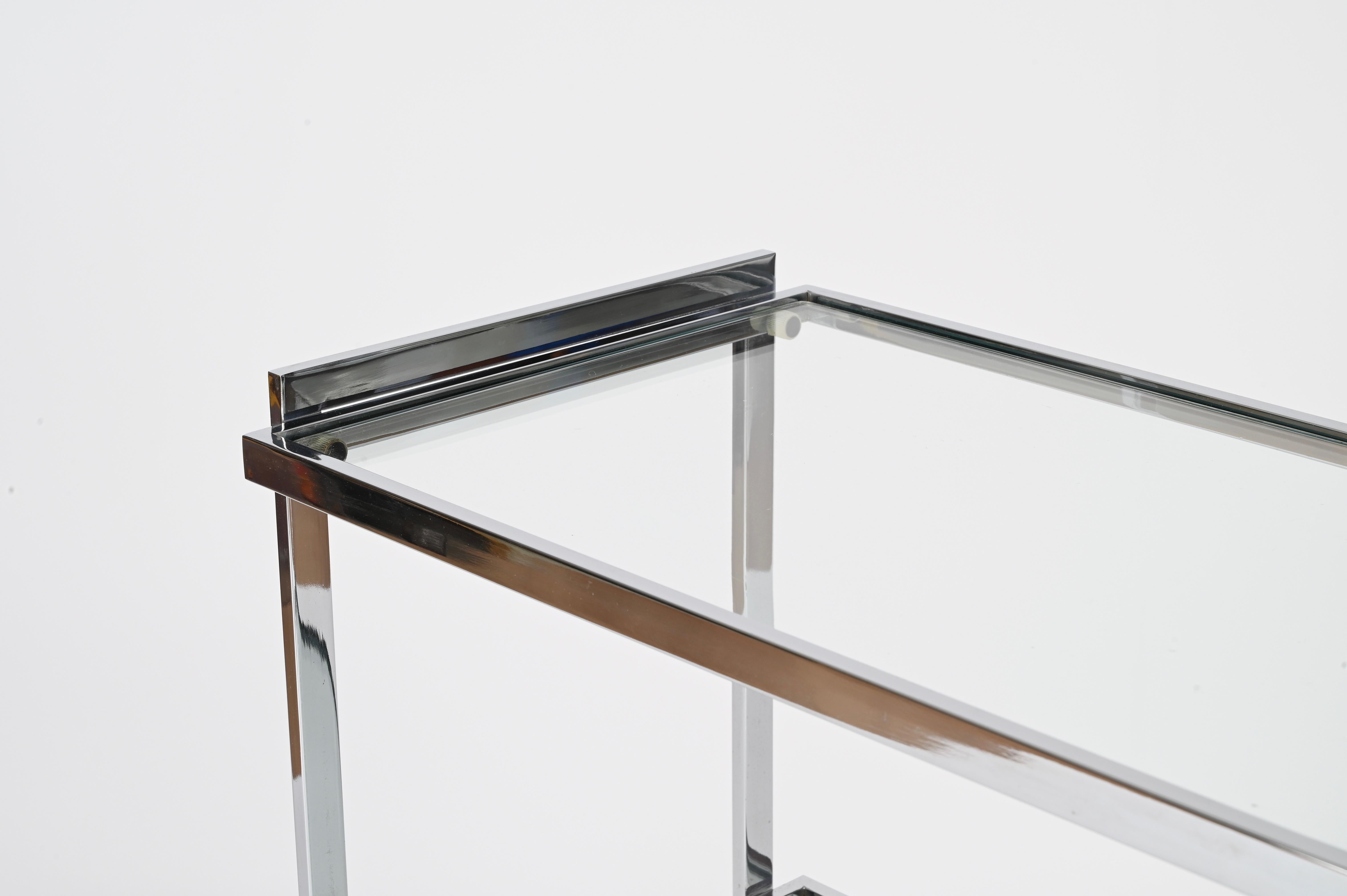 Italian Milo Baughman Rectangular Serving Bar Cart in Chrome and Crystal, 1970s For Sale