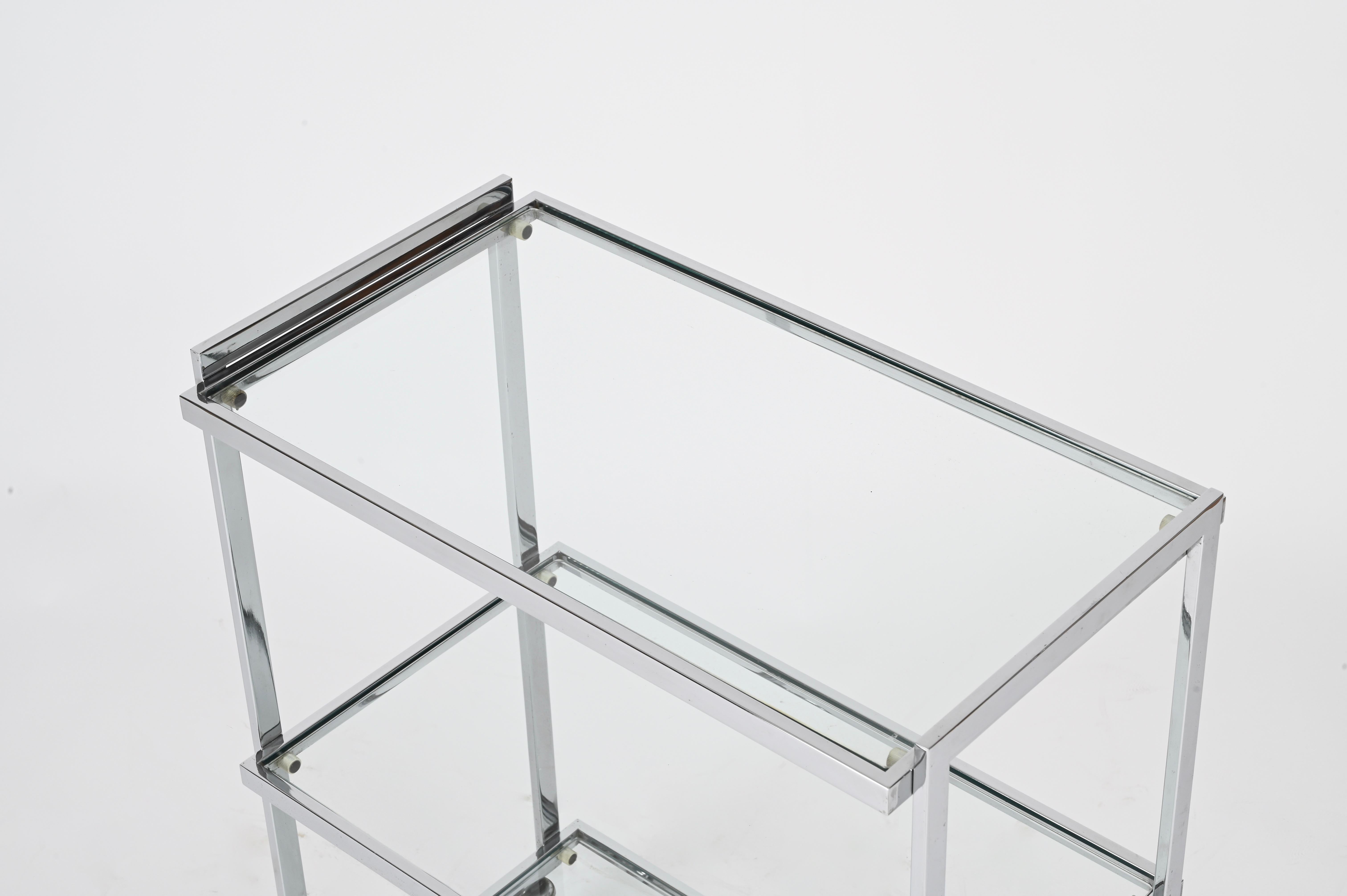 Glass Milo Baughman Rectangular Serving Bar Cart in Chrome and Crystal, 1970s For Sale