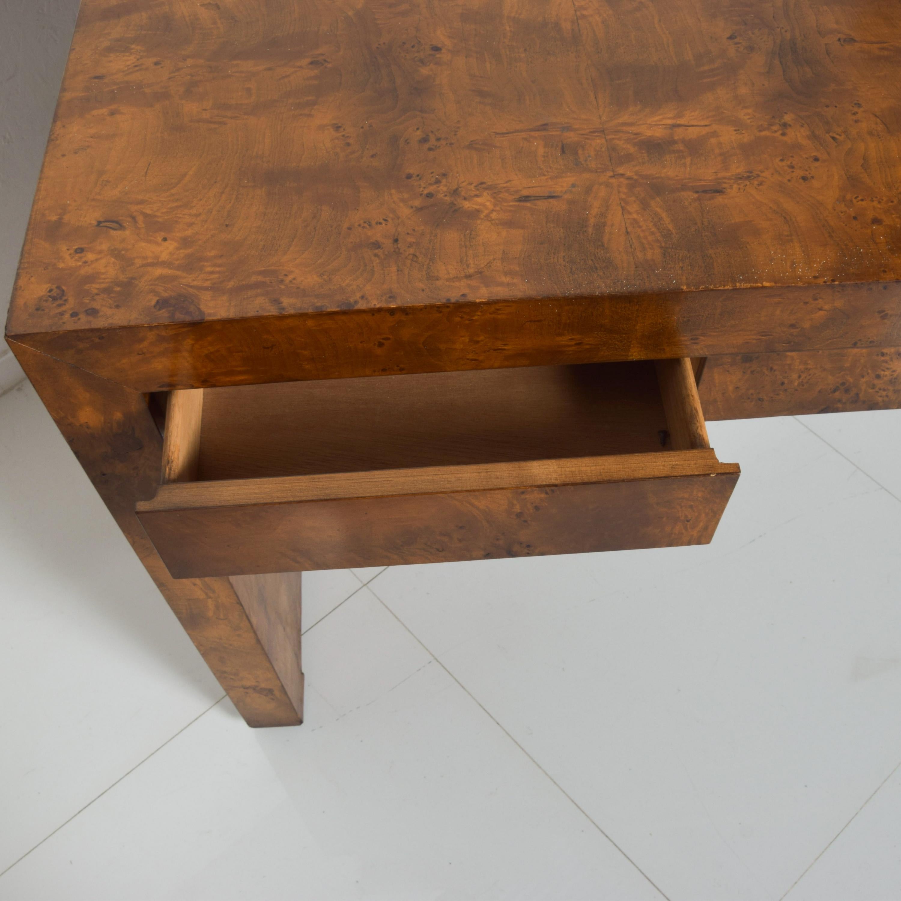 Late 20th Century Milo Baughman Rich Burl Wood Desk Entryway Console Table Three Drawers, 1970s