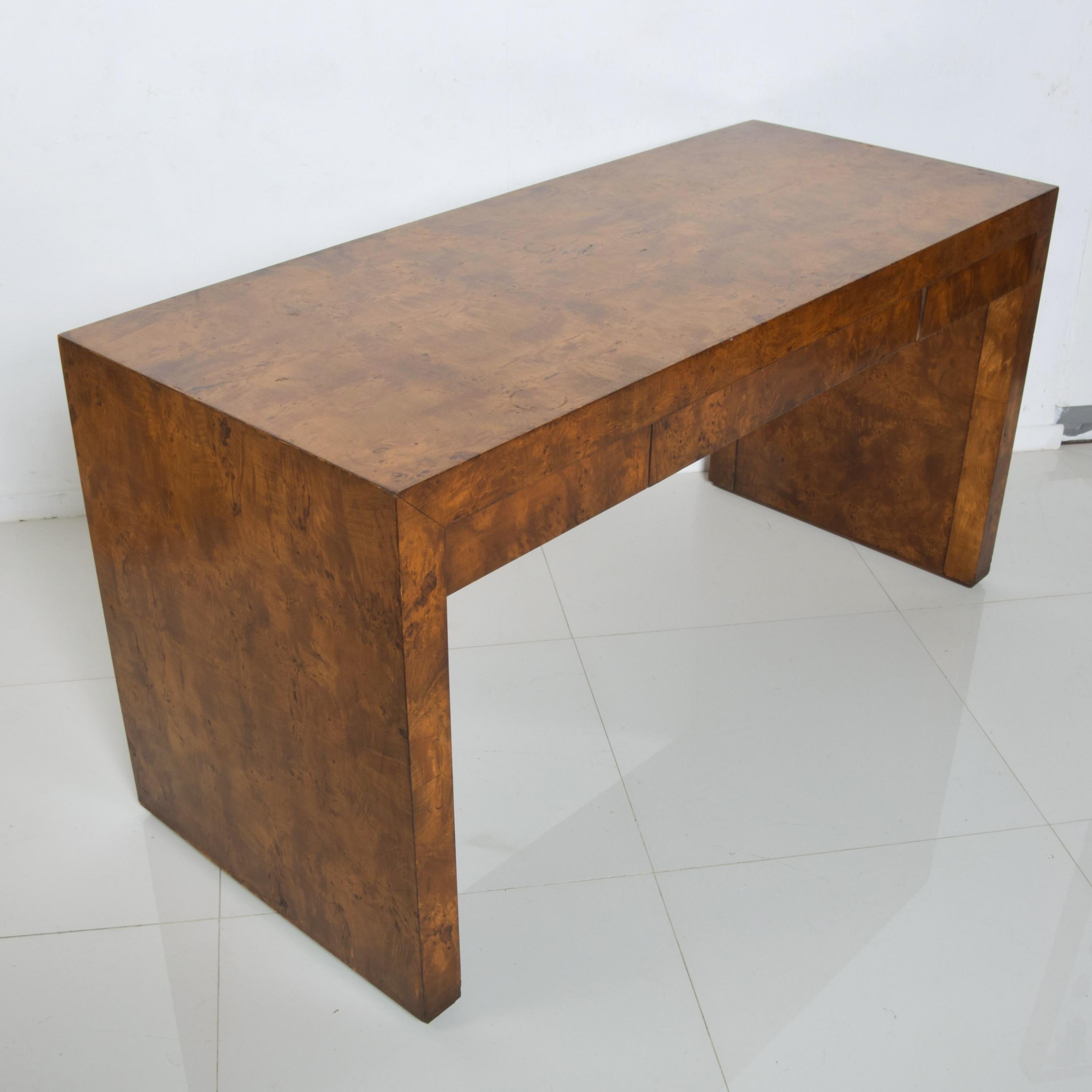 Milo Baughman Rich Burl Wood Desk Entryway Console Table Three Drawers, 1970s 3