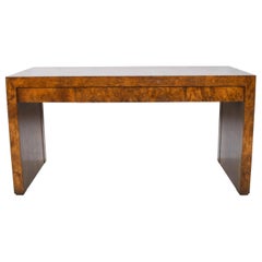 Milo Baughman Rich Burl Wood Desk Entryway Console Table Three Drawers, 1970s