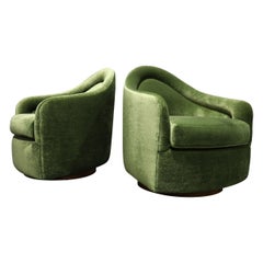Milo Baughman Rocking Swivel Lounge Chairs in Green Mohair