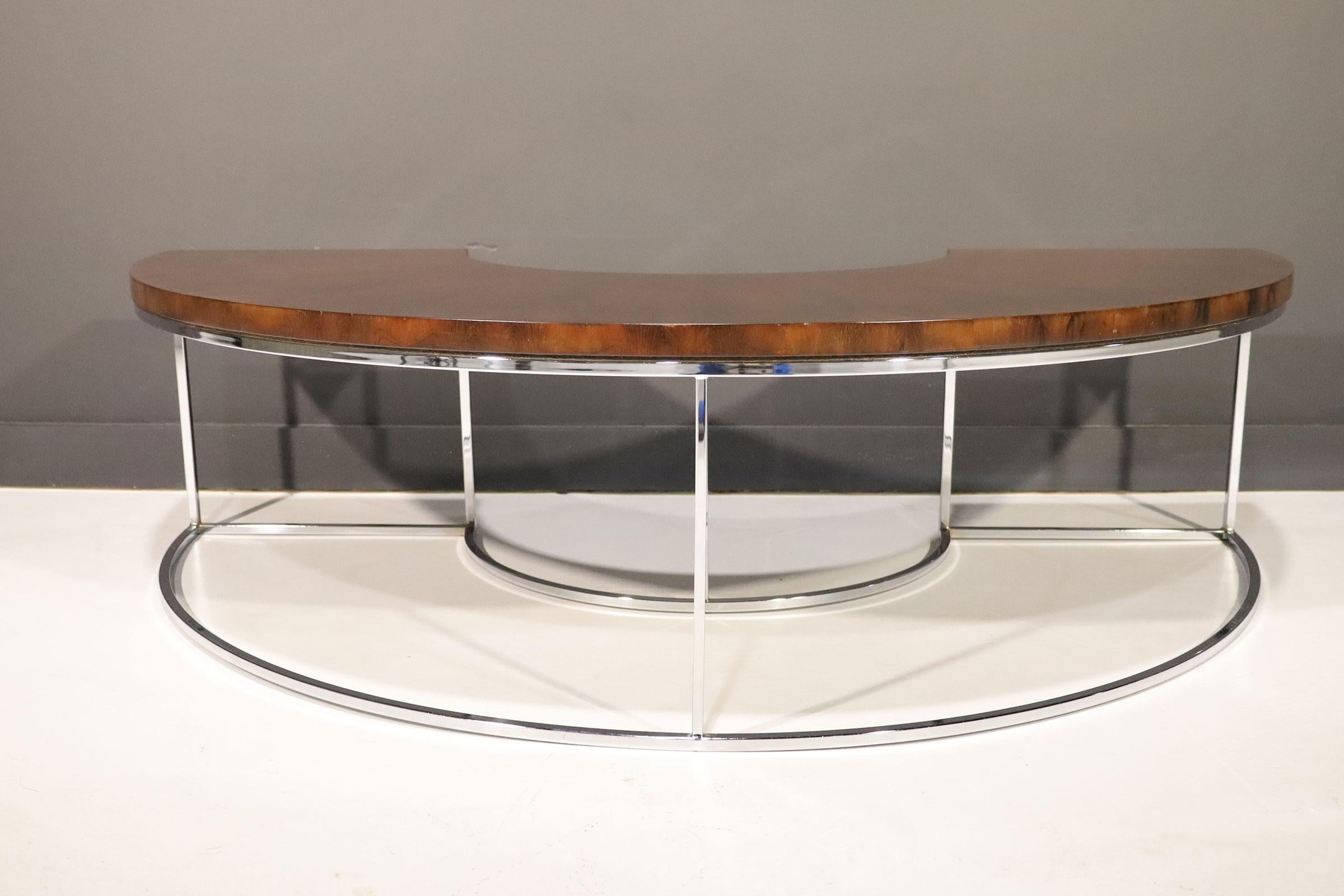Mid-Century Modern Milo Baughman Rosewood and Chrome Semi-Circle Cocktail Table