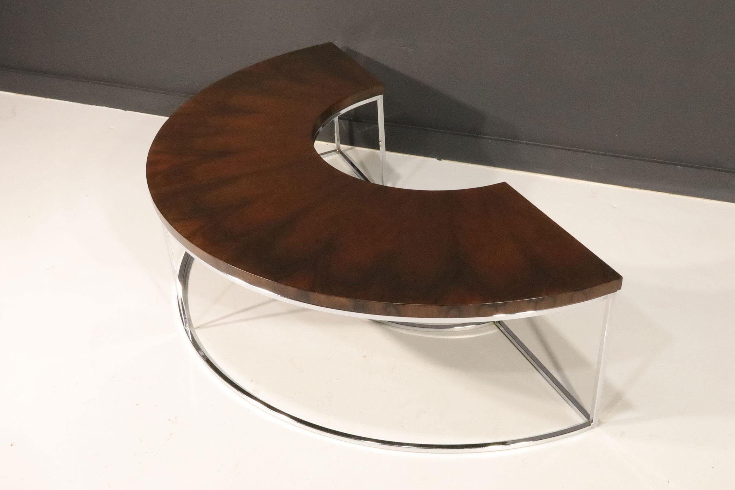 American Milo Baughman Rosewood and Chrome Semi-Circle Cocktail Table