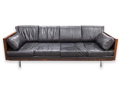 Milo Baughman Rosewood Black Leather and Chrome Mid Century Modern Sofa