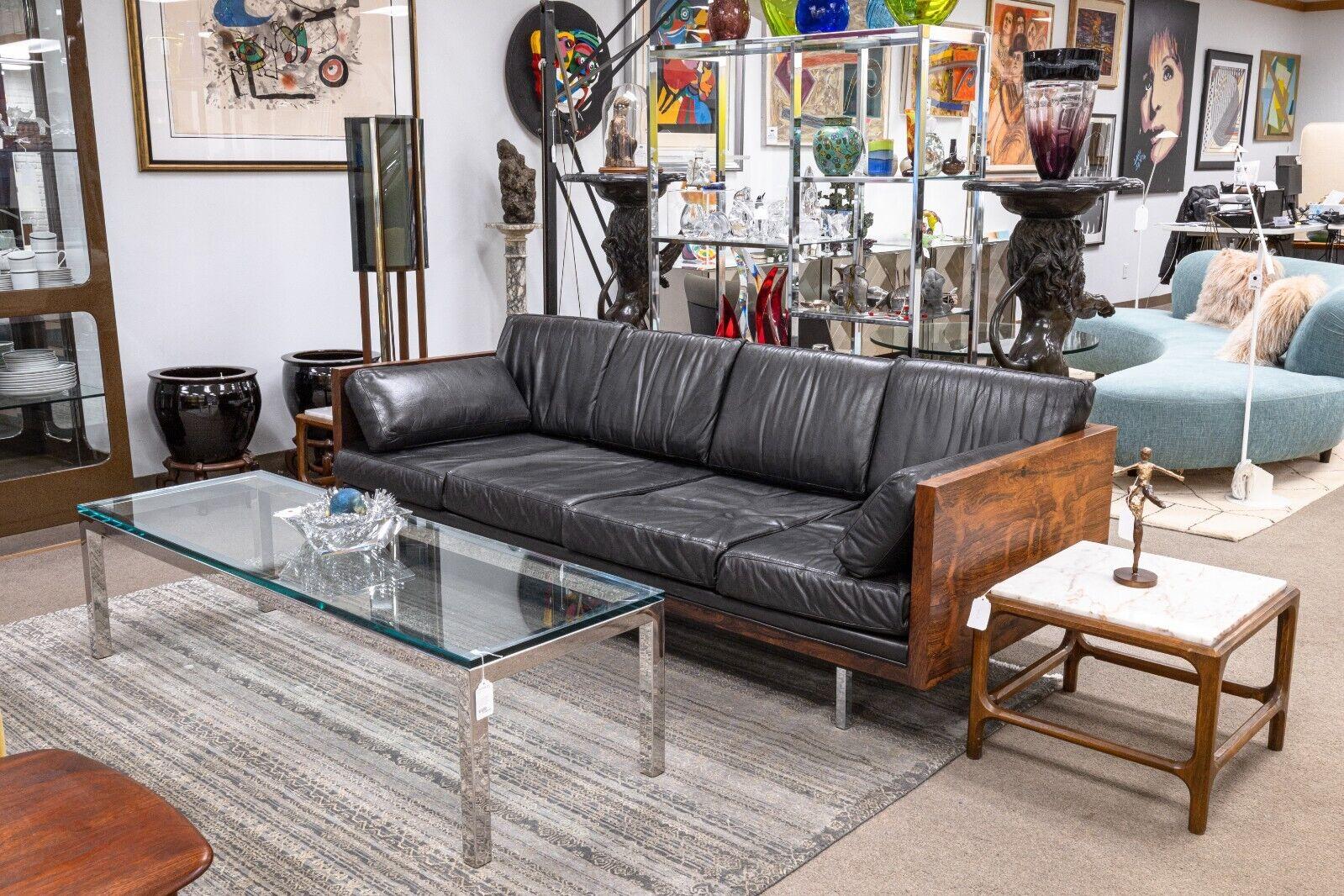 Mid-Century Modern Milo Baughman Rosewood Black Leather and Chrome Mid Century Modern Sofa