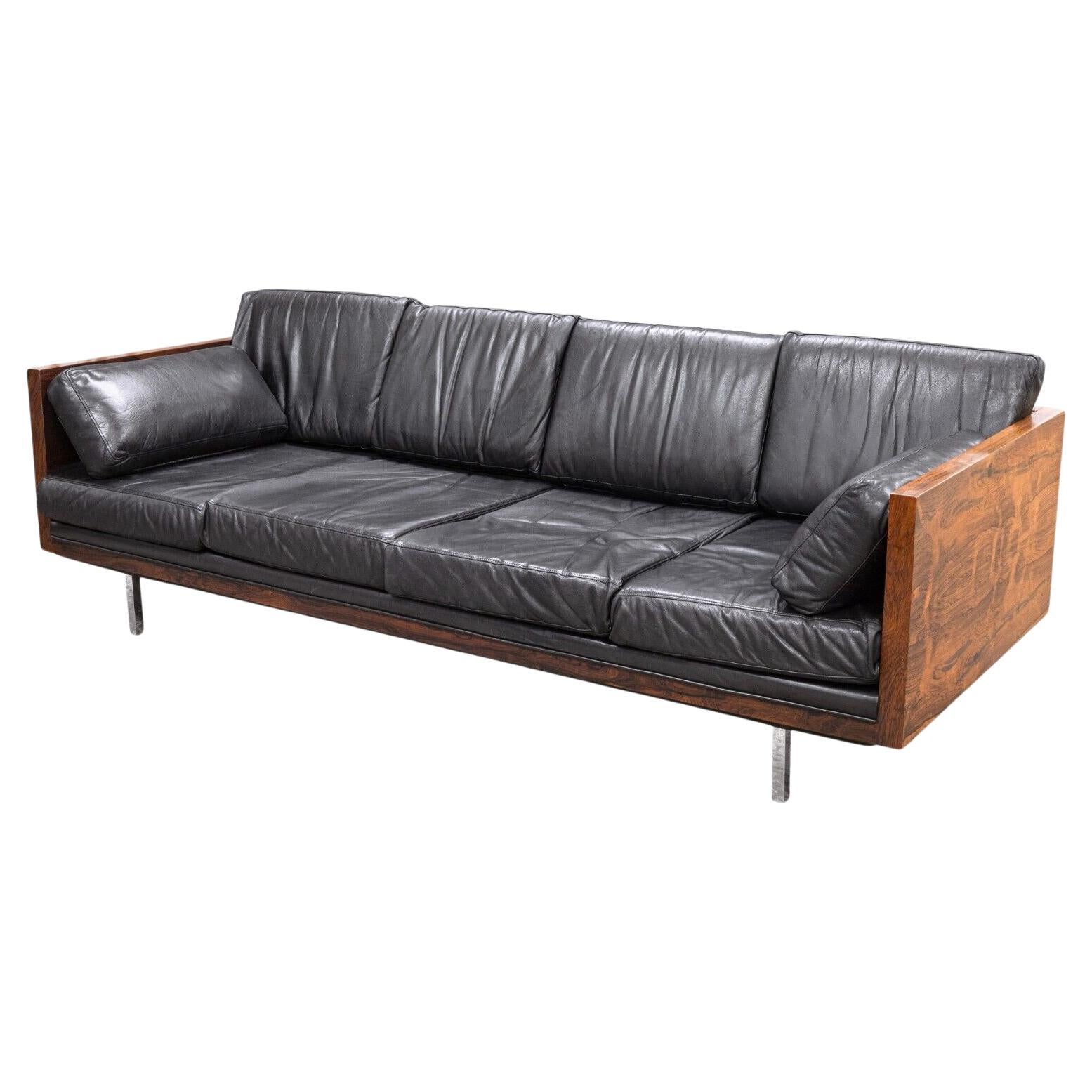 Milo Baughman Rosewood Black Leather and Chrome Mid Century Modern Sofa