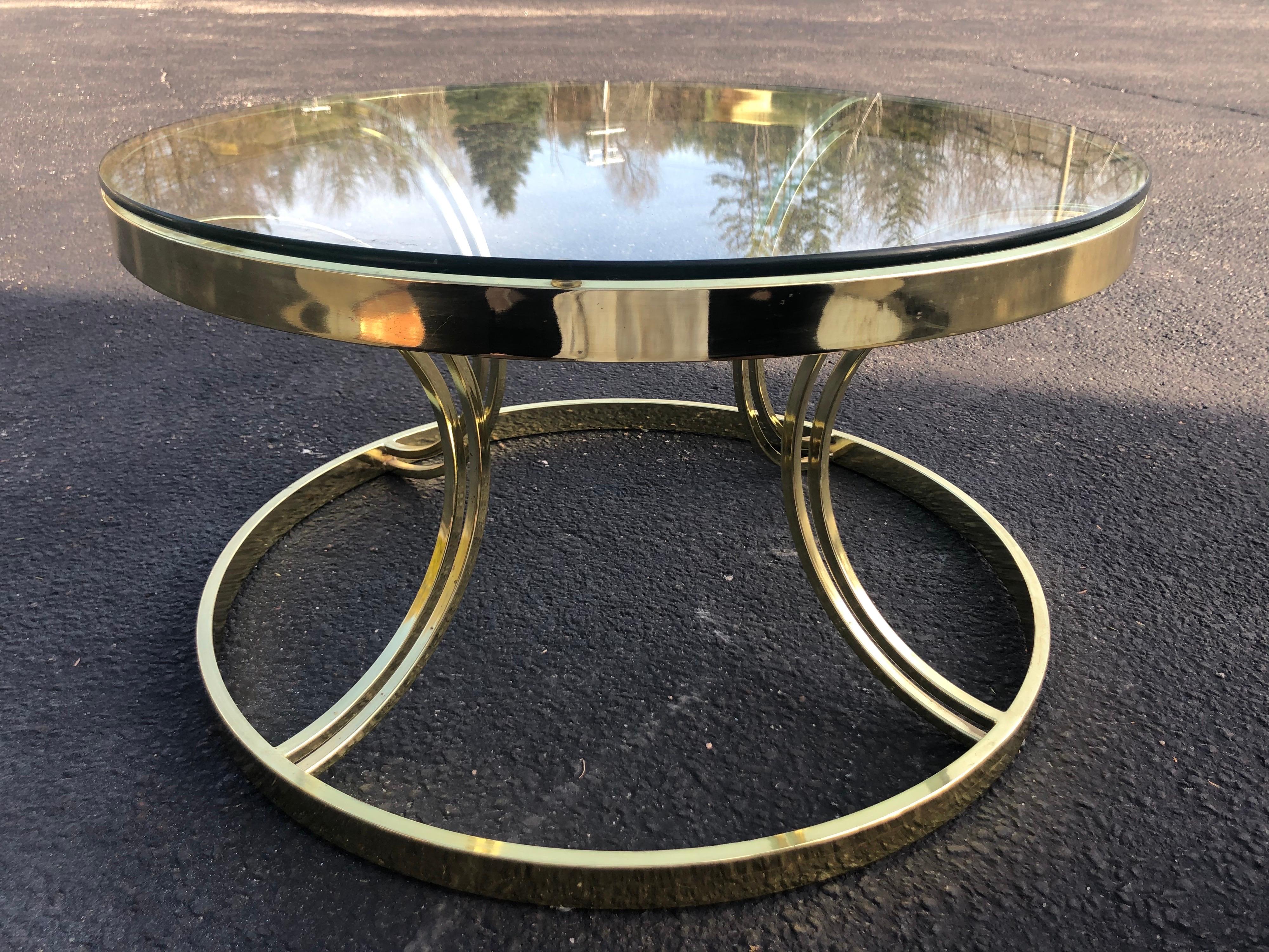 Milo Baughman Round Brass and Glass Coffee or Side Table For Sale 1