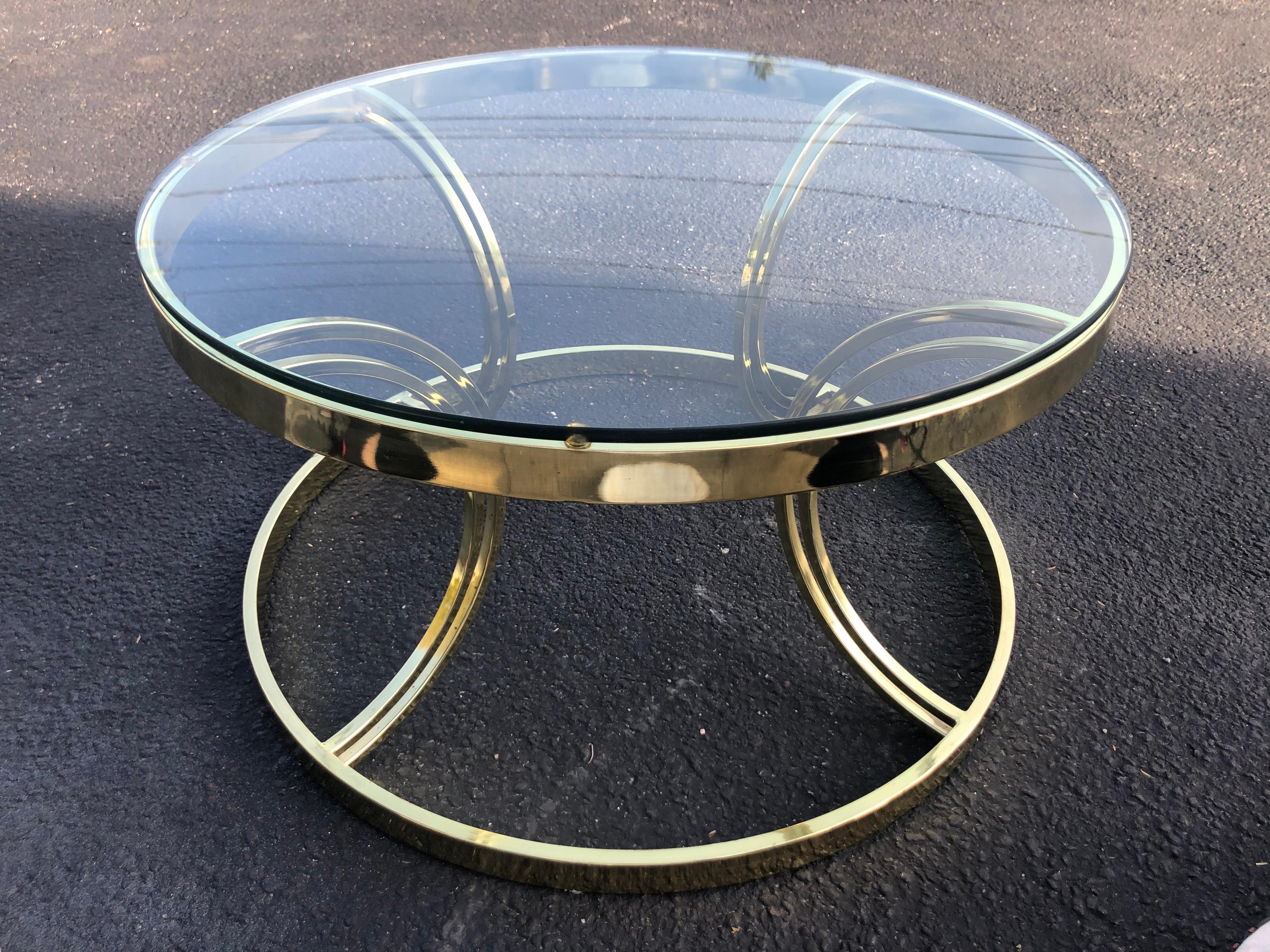 Plated Milo Baughman Round Brass and Glass Coffee or Side Table For Sale
