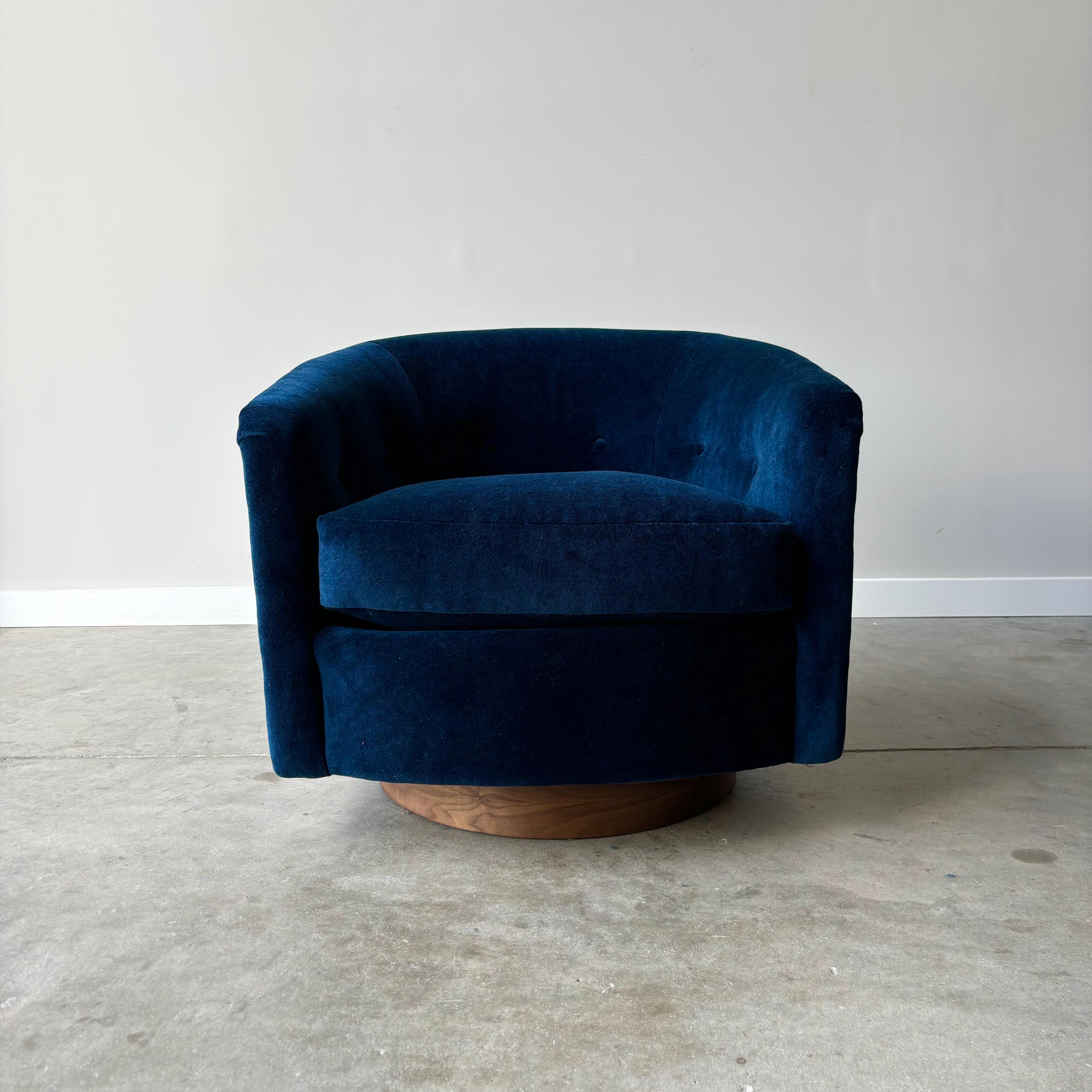 Newly upholstered in mohair with walnut swivel bases.  Vintage Thayer Coggin 