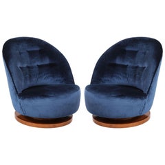 Milo Baughman Sapphire Blue Swivel Lounge Chairs