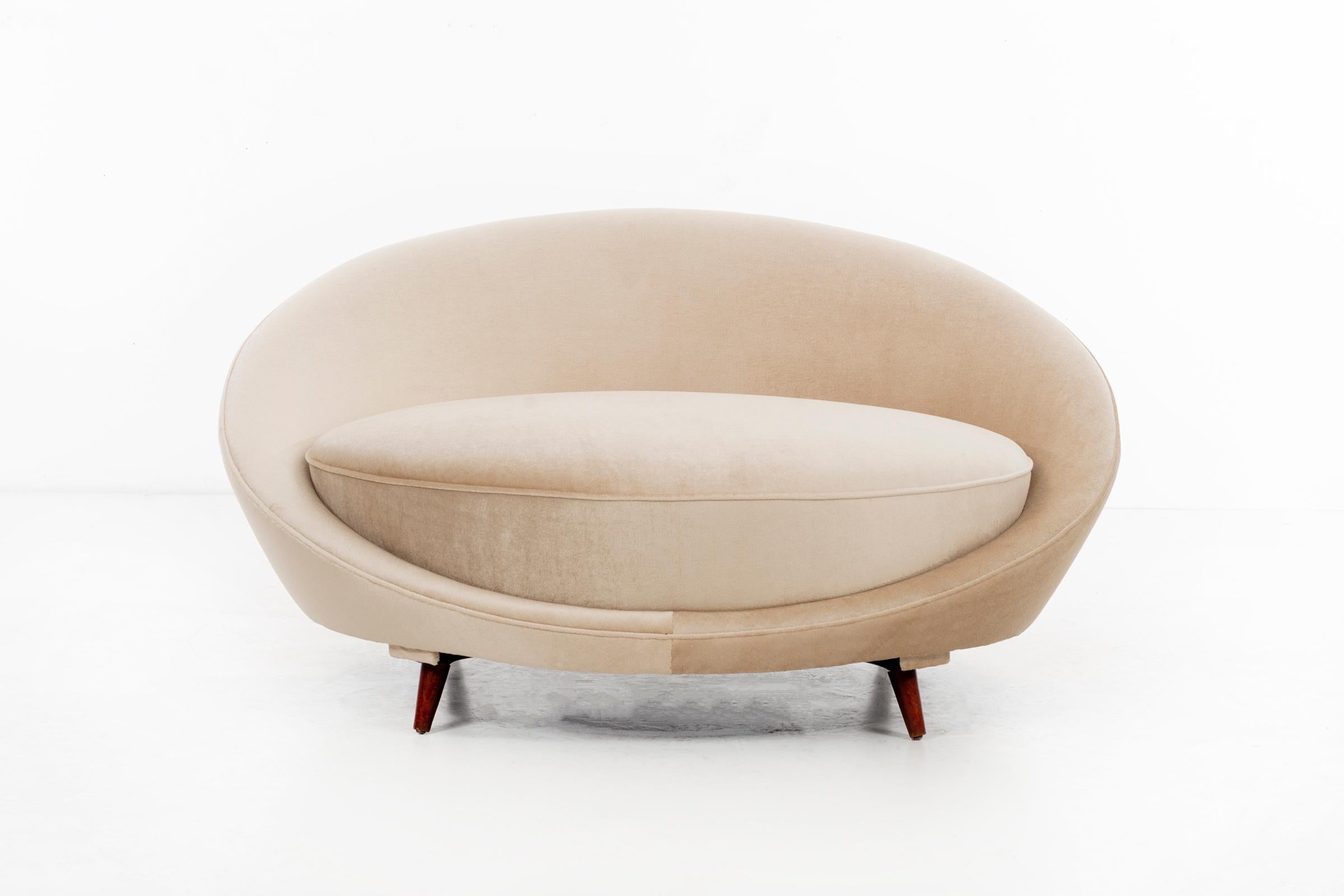 Baughman round chaise, solid walnut tapered legs reupholstered with great plains mohair.
 
