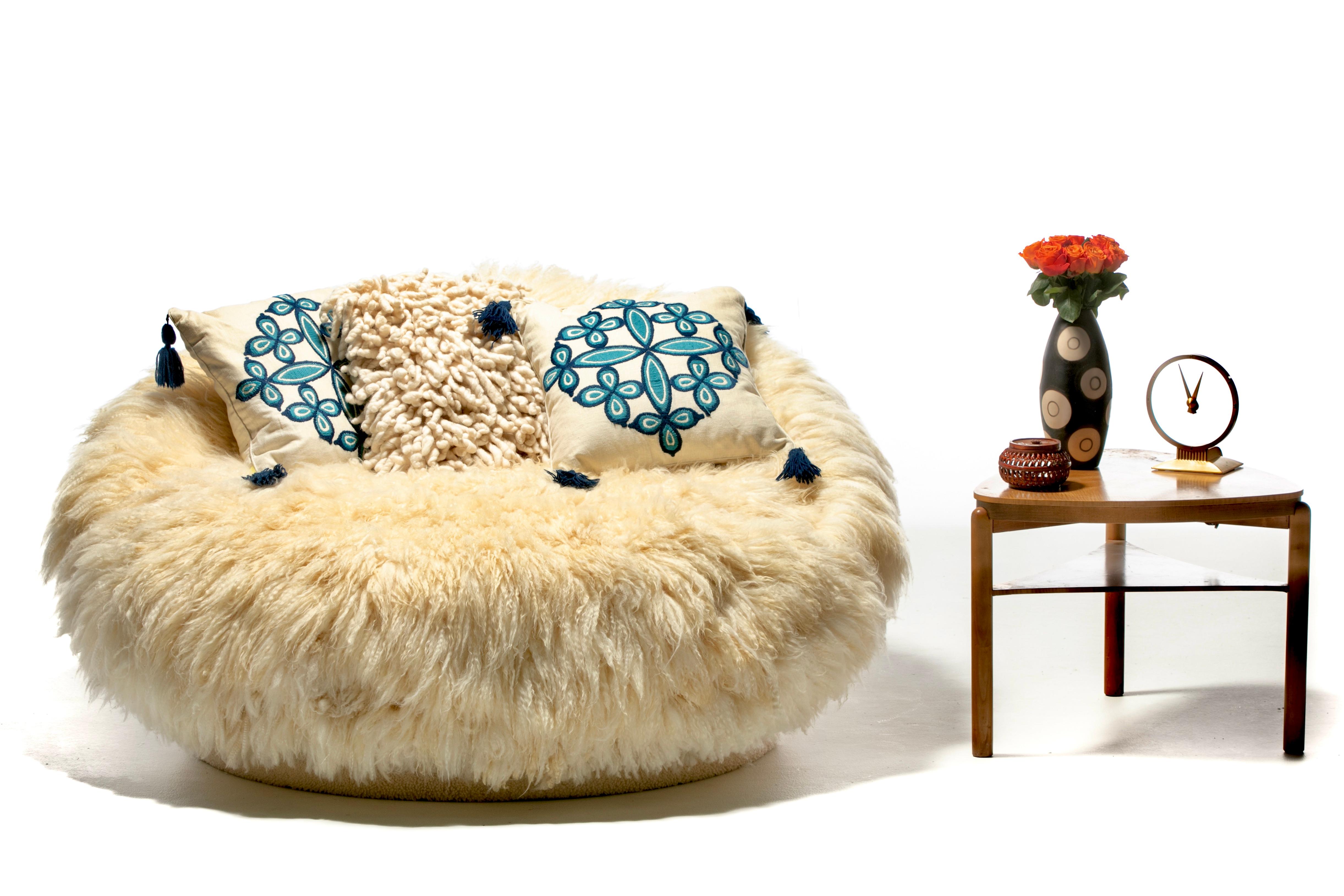 Milo Baughman Style Satellite Lounge in Napa Valley Sheepskins & Ivory Shearling For Sale 1