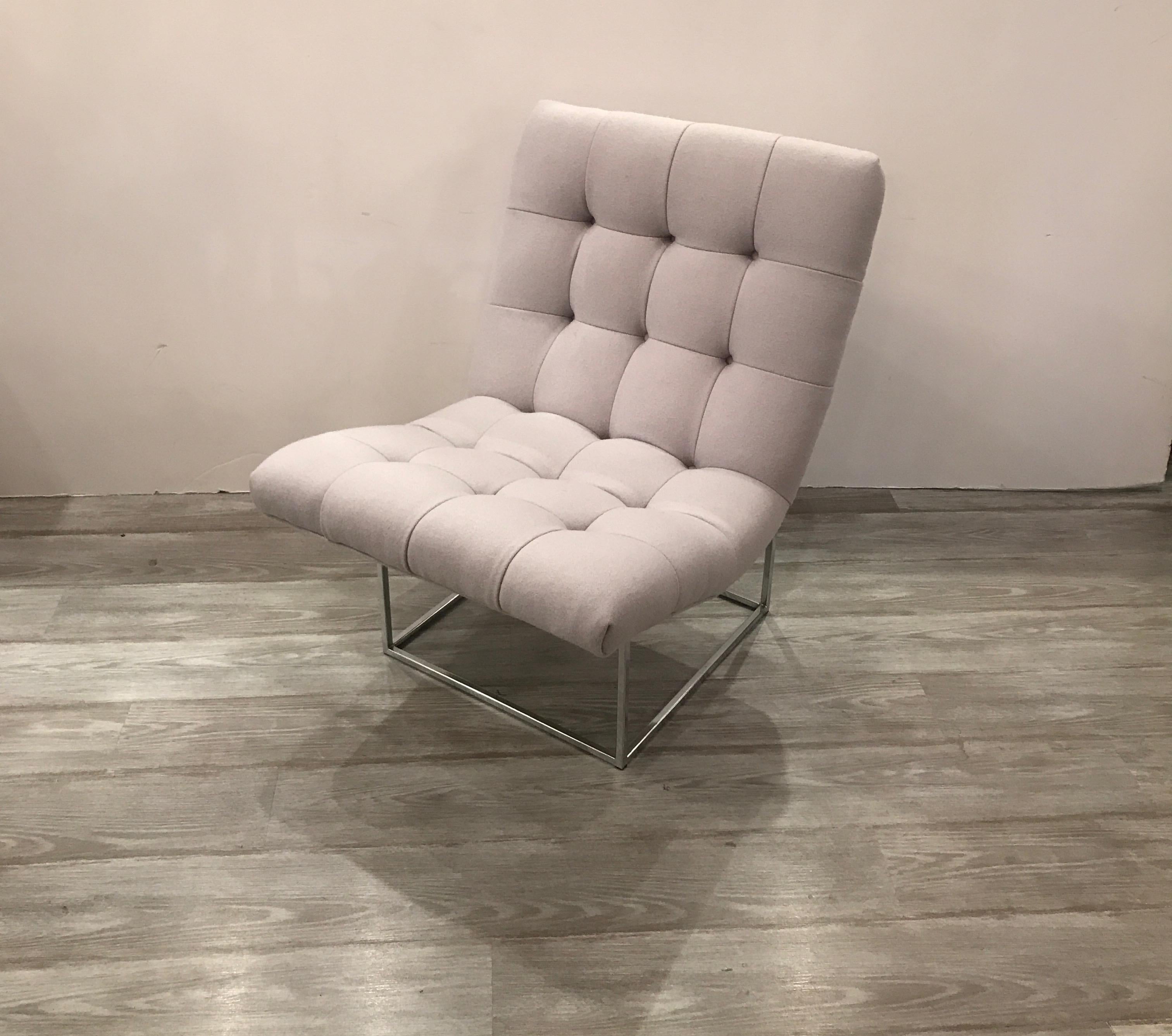 A chromed steel and newly upholstered wool fabric Scoop chair designed by Milo Baughman for Thayer Coggin. The versatile high style form will work great in any interior.
  