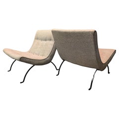 Milo Baughman Pair Scoop Chairs Cream Upholstery Iron Legs c. 1950s Mid-Century 