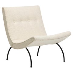 Milo Baughman Scoop Chair in Soft Ivory Bouclé with Iron Legs c. 1950s