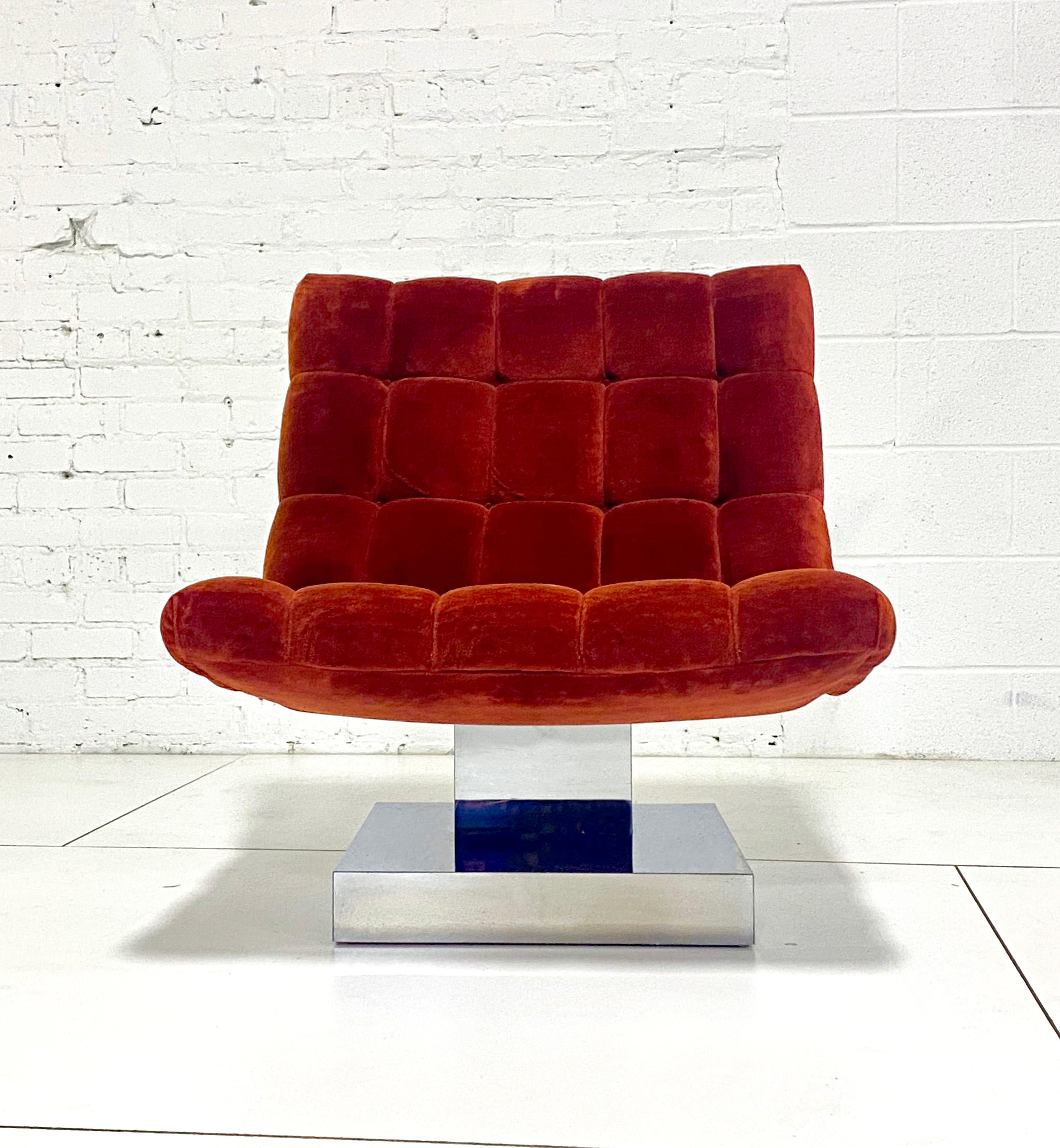 Milo Baughman tufted scoop chair on chrome base circa 1970s. Chrome pedestal gives a floating appearance.
