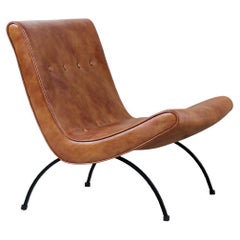 Milo Baughman "Scoop" Iron & Cognac Leather Lounge Chair for Thayer Coggin