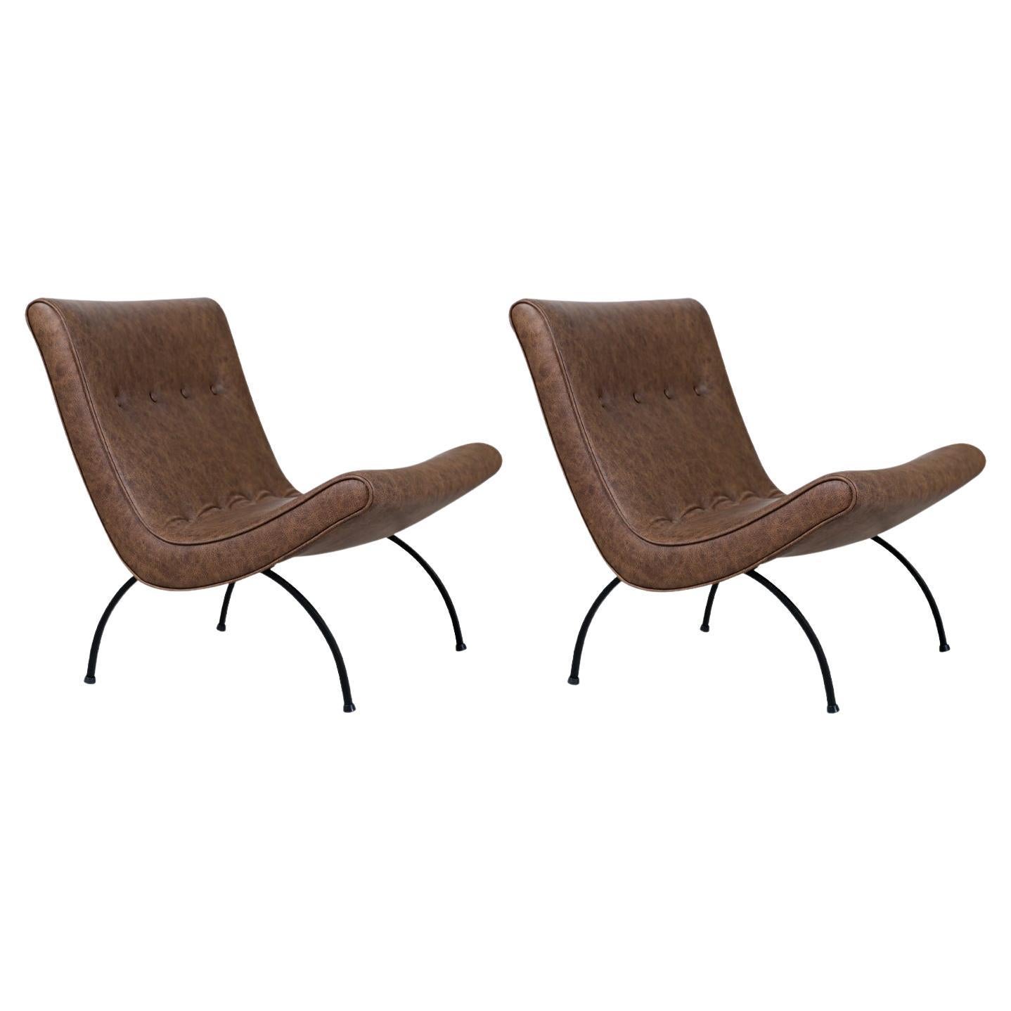 Milo Baughman "Scoop" Iron & Leather Lounge Chairs for Thayer Coggin