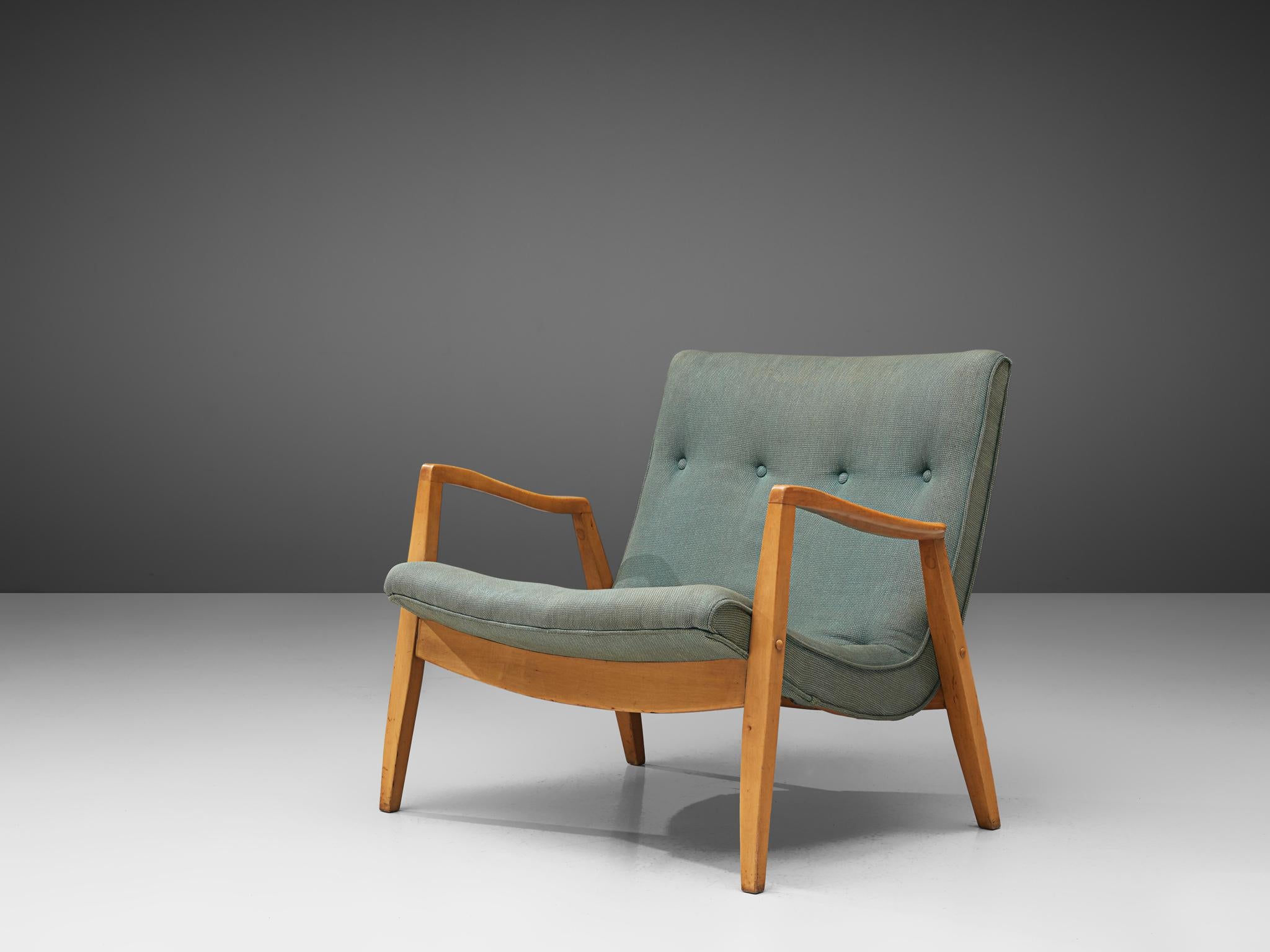 Milo Baughman for James Inc., 'Scoop' lounge chair, fabric and maple, United States, 1950s

'Scoop' lounge chair is a midcentury modern classic of Milo Baughman. The solid maple frame support the 'scoop' seat. The seat is upholstered in a green-blue