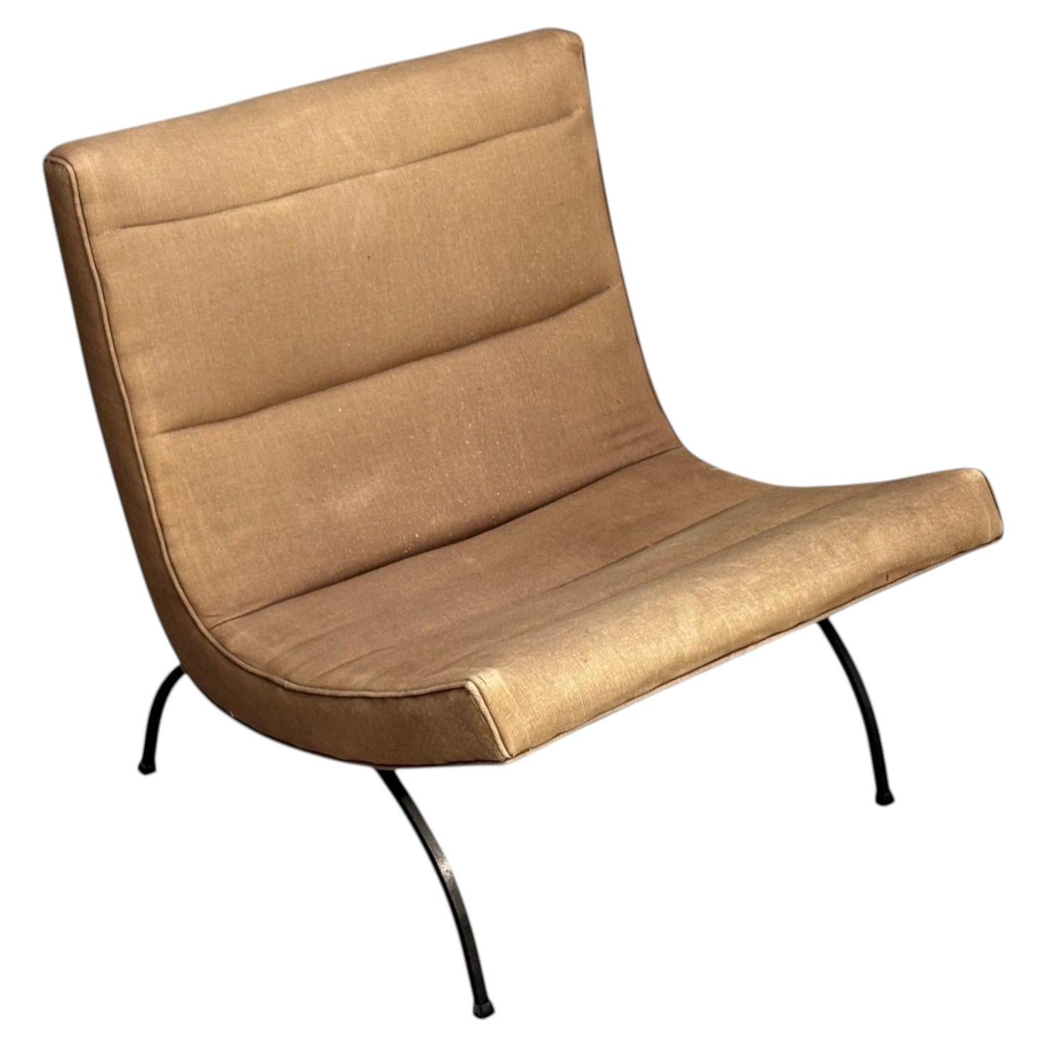Milo Baughman, Scoop Lounge Chair, Iron, Brown Fabric, USA, 1950s For Sale